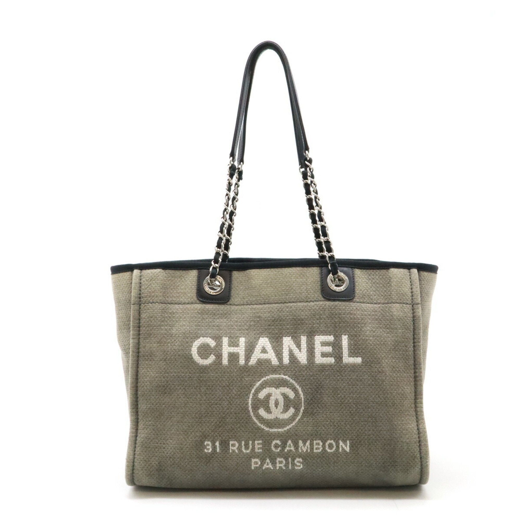 Chanel Black Gray Canvas Leather Shoulder Bag Tote Bag (Pre-Owned)
