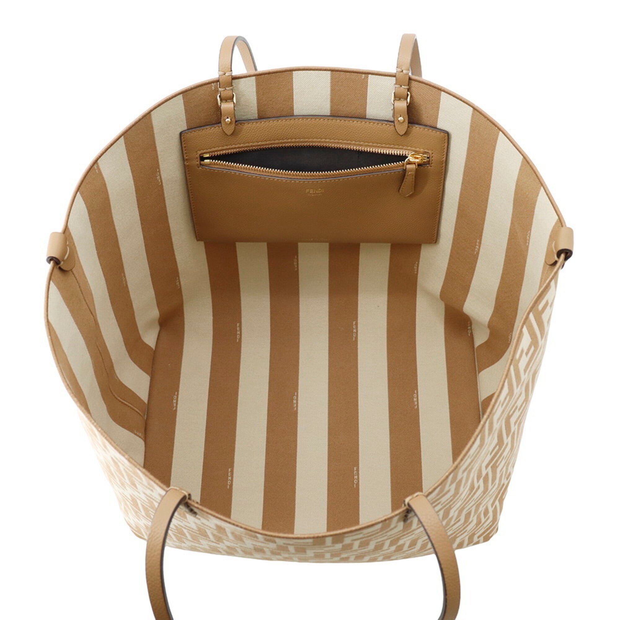 Fendi Pequin Beige Brown Canvas Leather Handbag Tote Bag (Pre-Owned)