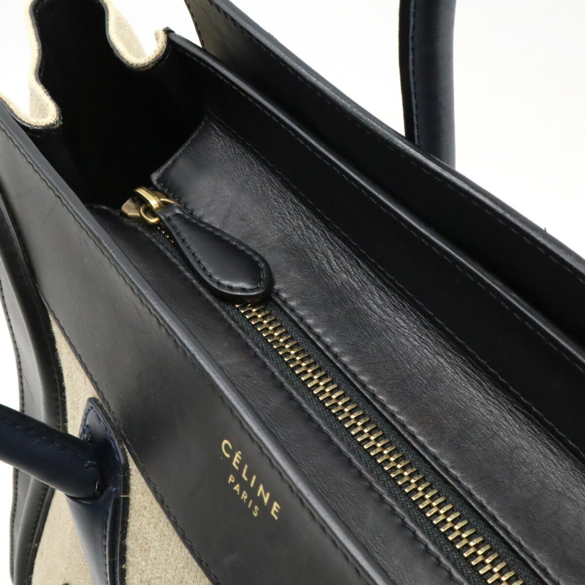Celine Beige Black Navy Linen Leather Handbag Tote Bag (Pre-Owned)