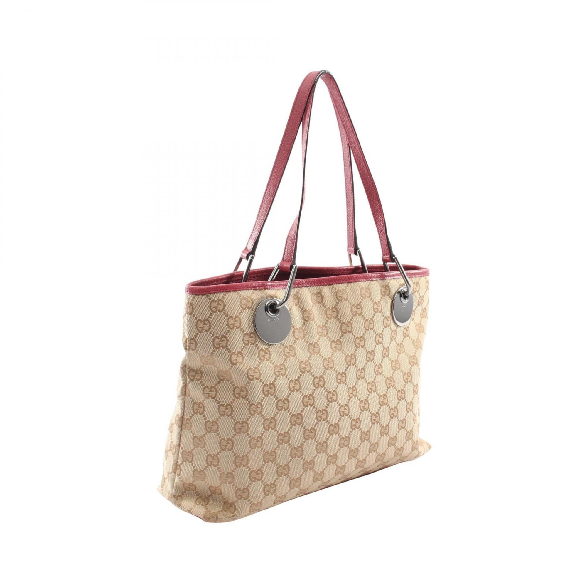 Gucci Beige Bordeaux Canvas Leather Handbag Tote Bag (Pre-Owned)