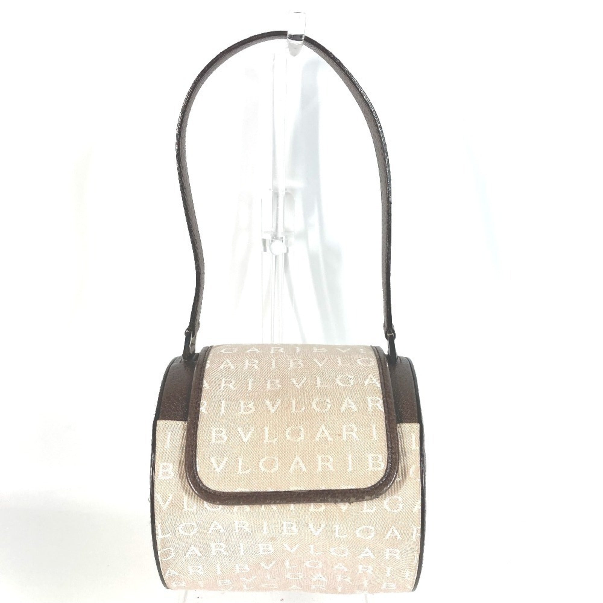 Bvlgari Bvlgari Bvlgari Beige Dark Brown Leather Canvas Handbag Shoulder Bag (Pre-Owned)