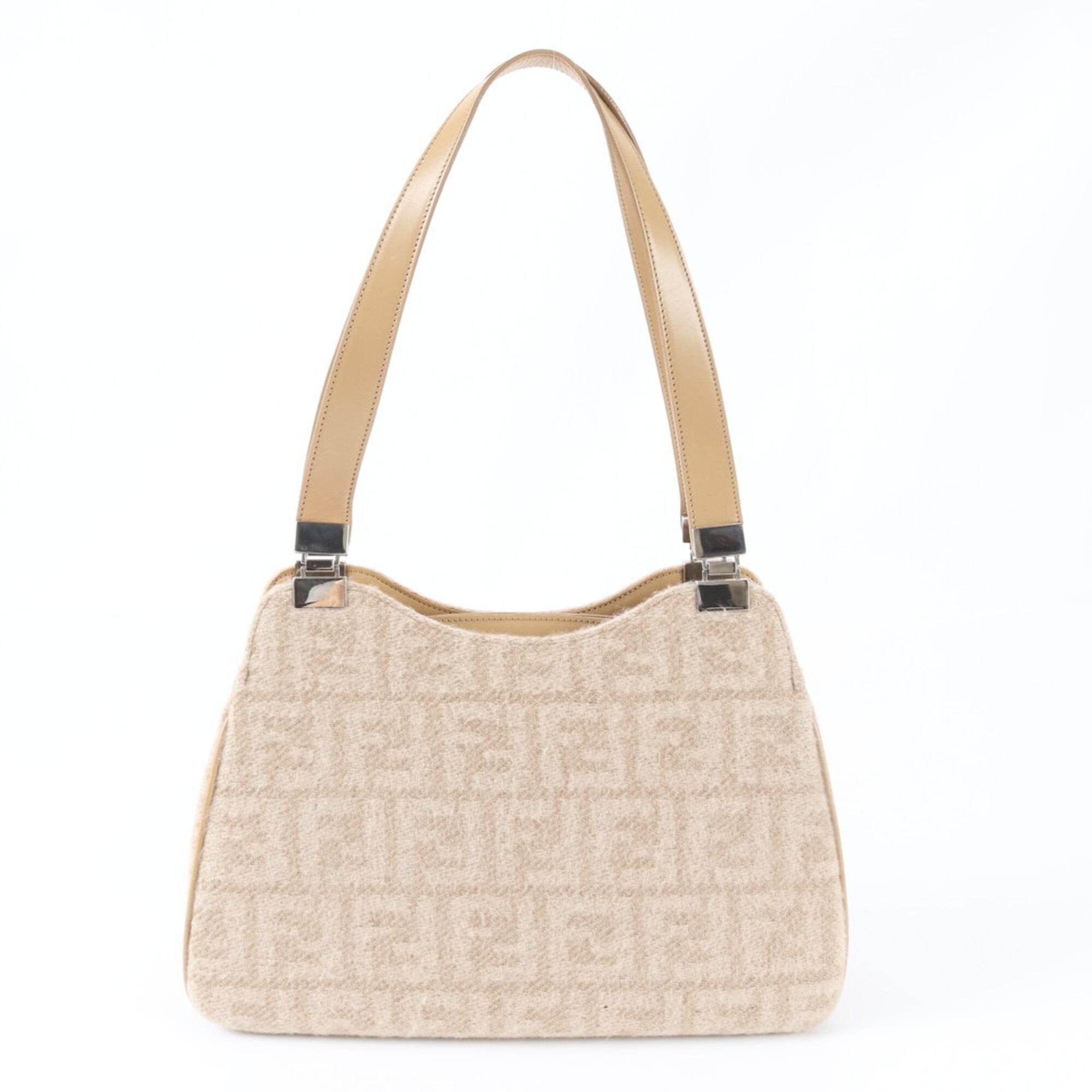 Fendi Zucca Beige Leather Canvas Handbag Shoulder Bag (Pre-Owned)