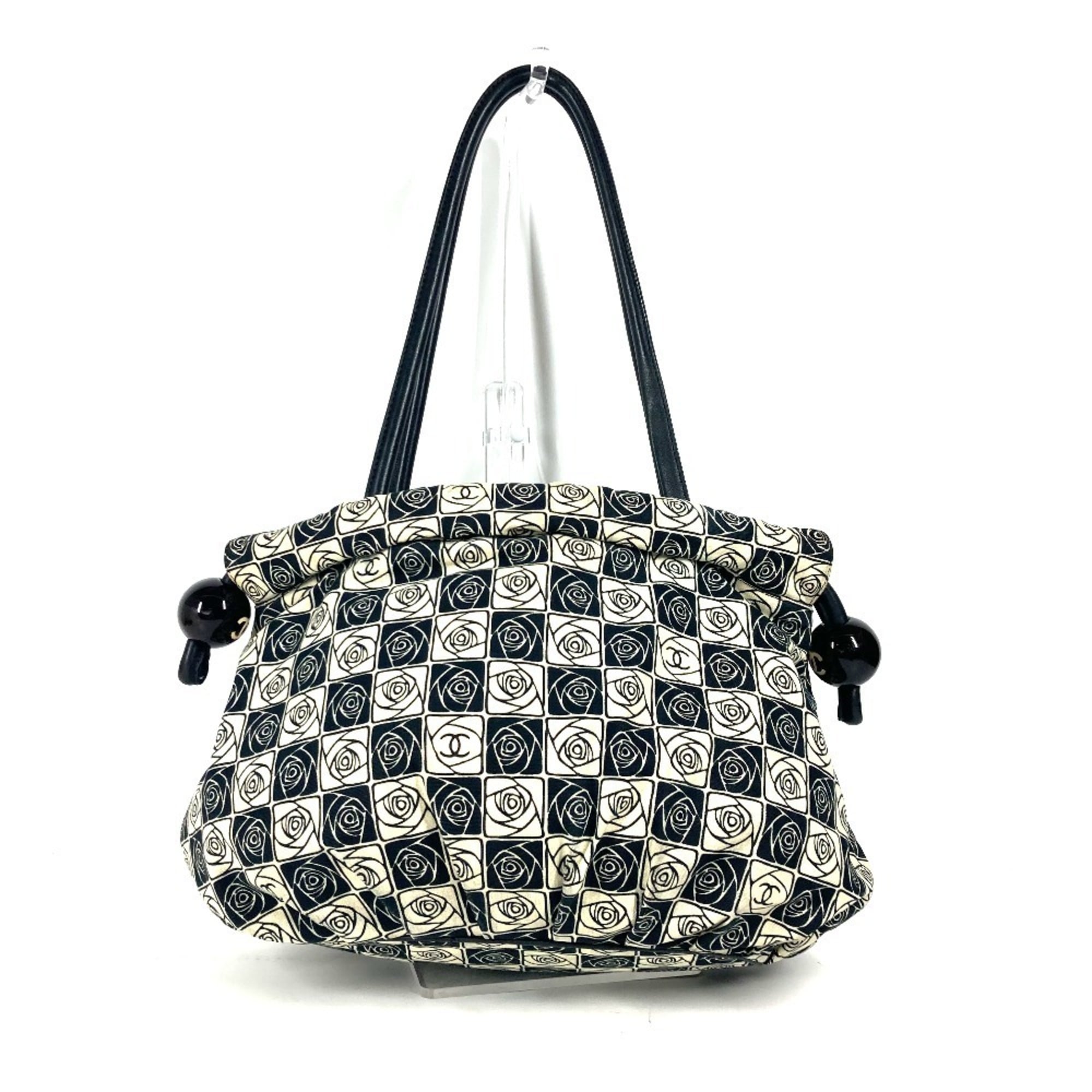 Chanel Beige Black Leather Canvas Shoulder Bag Tote Bag (Pre-Owned)
