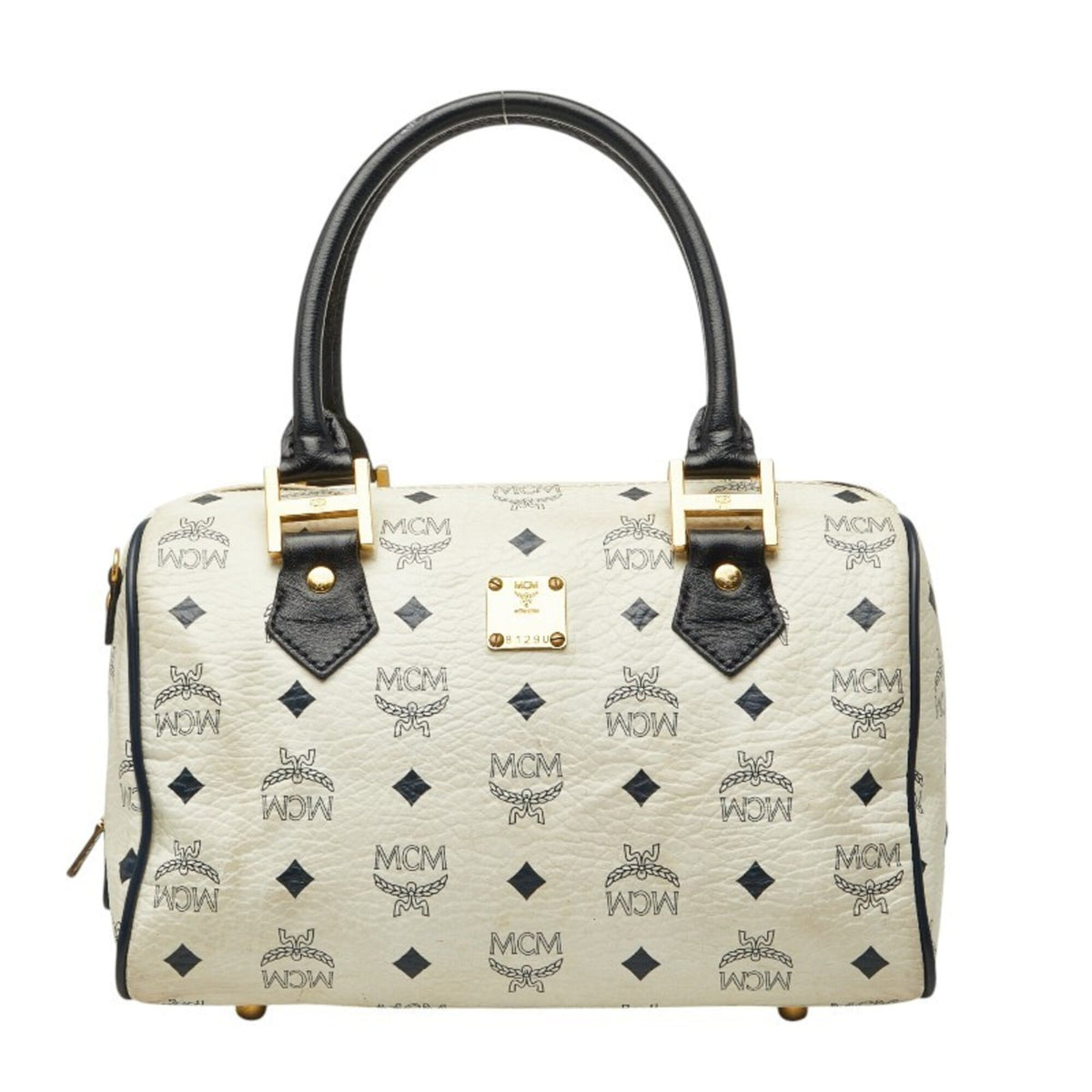 Mcm Gold Navy White Pvc Leather Boston Bag Handbag (Pre-Owned)