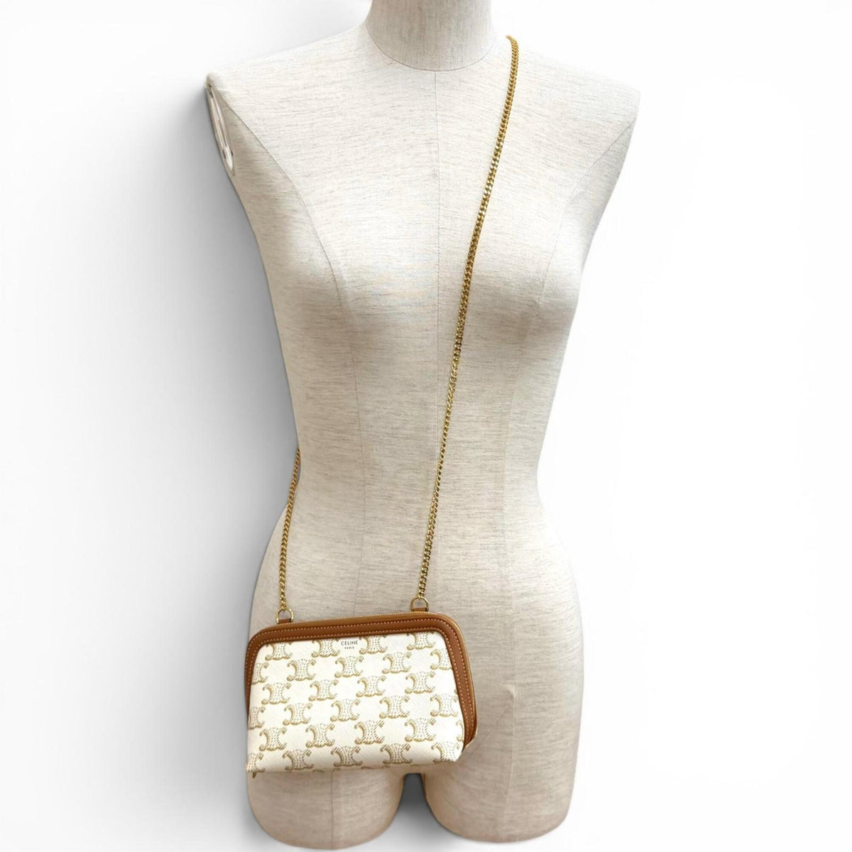 Celine Brown Off-White Canvas Clutch Bag Shoulder Bag (Pre-Owned)