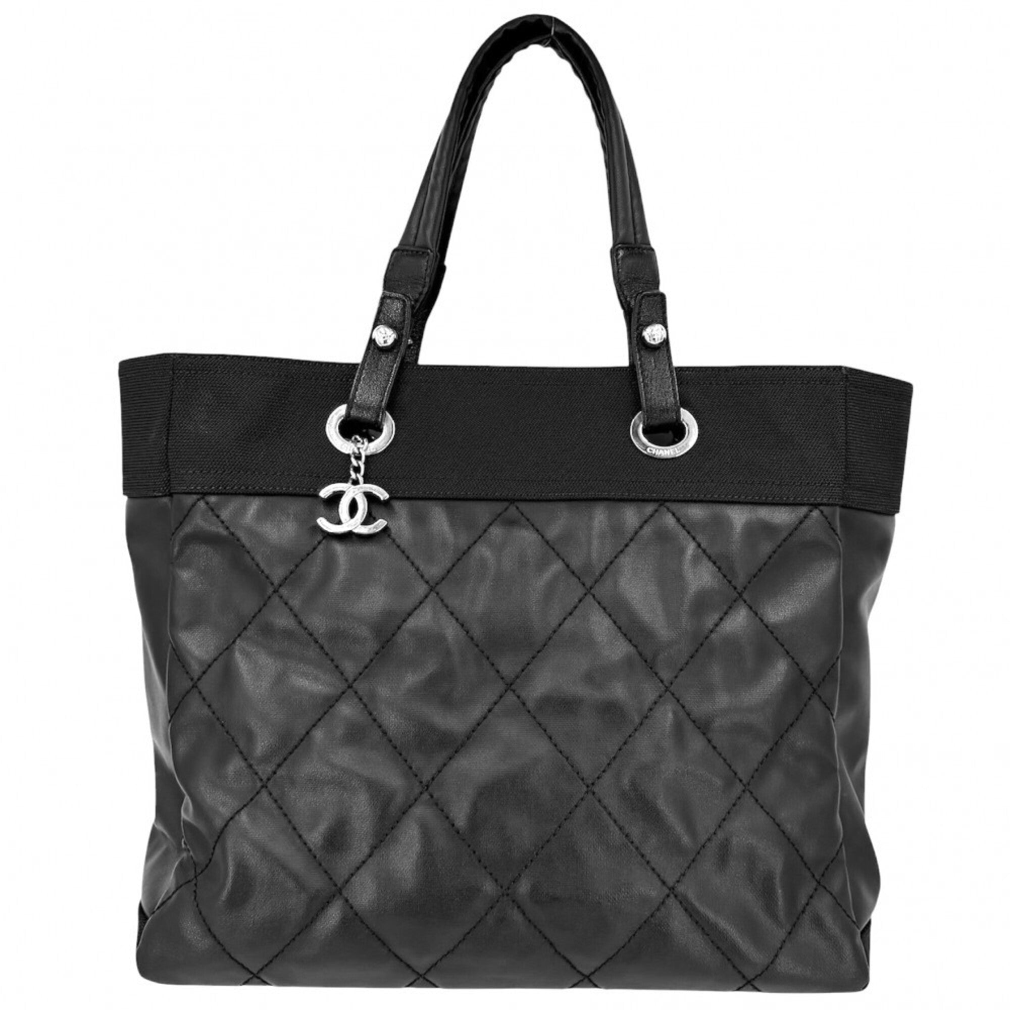 Chanel Black Coated Canvas Leather Handbag Tote Bag (Pre-Owned)