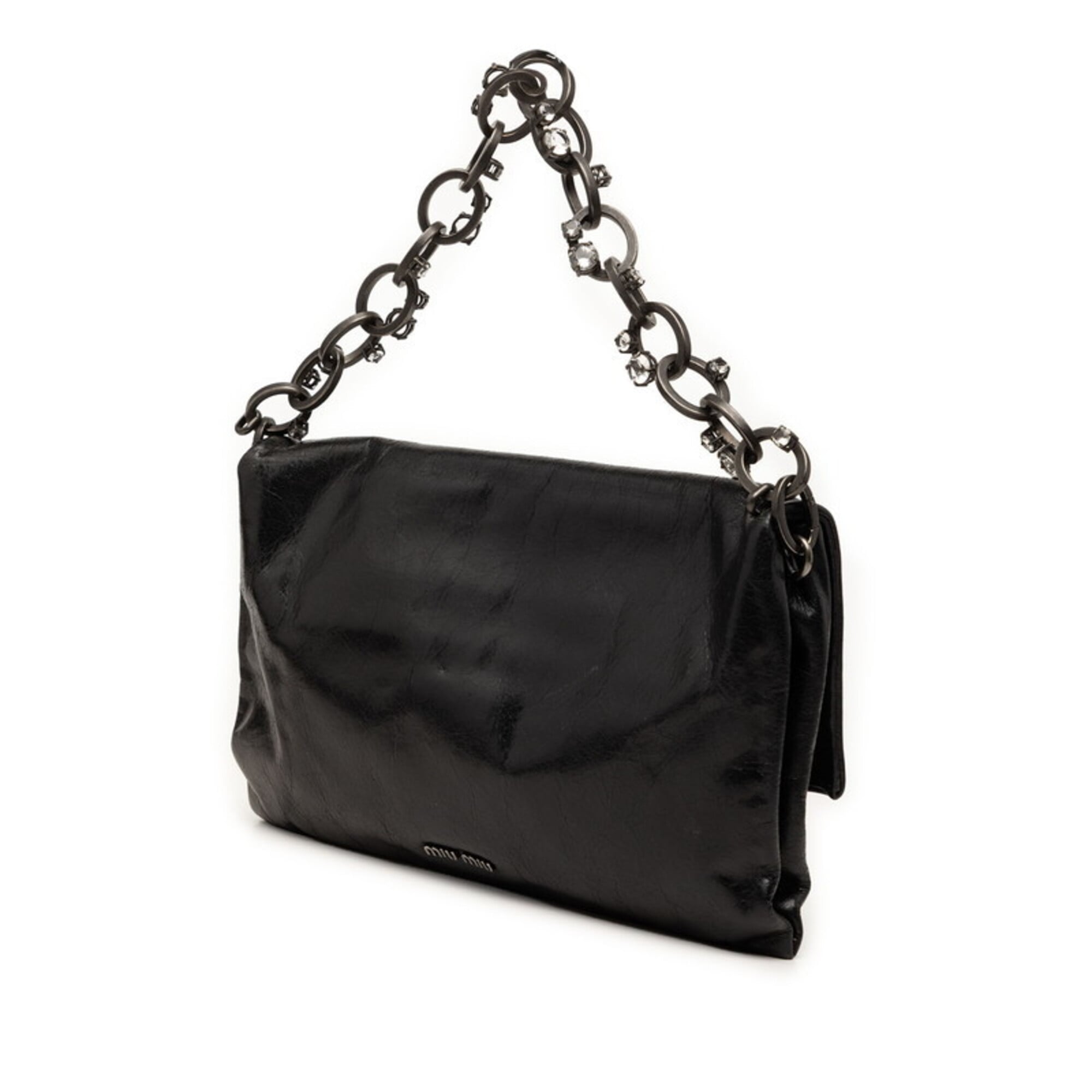 Miu Miu Black Leather Rhinestone Handbag Shoulder Bag (Pre-Owned)