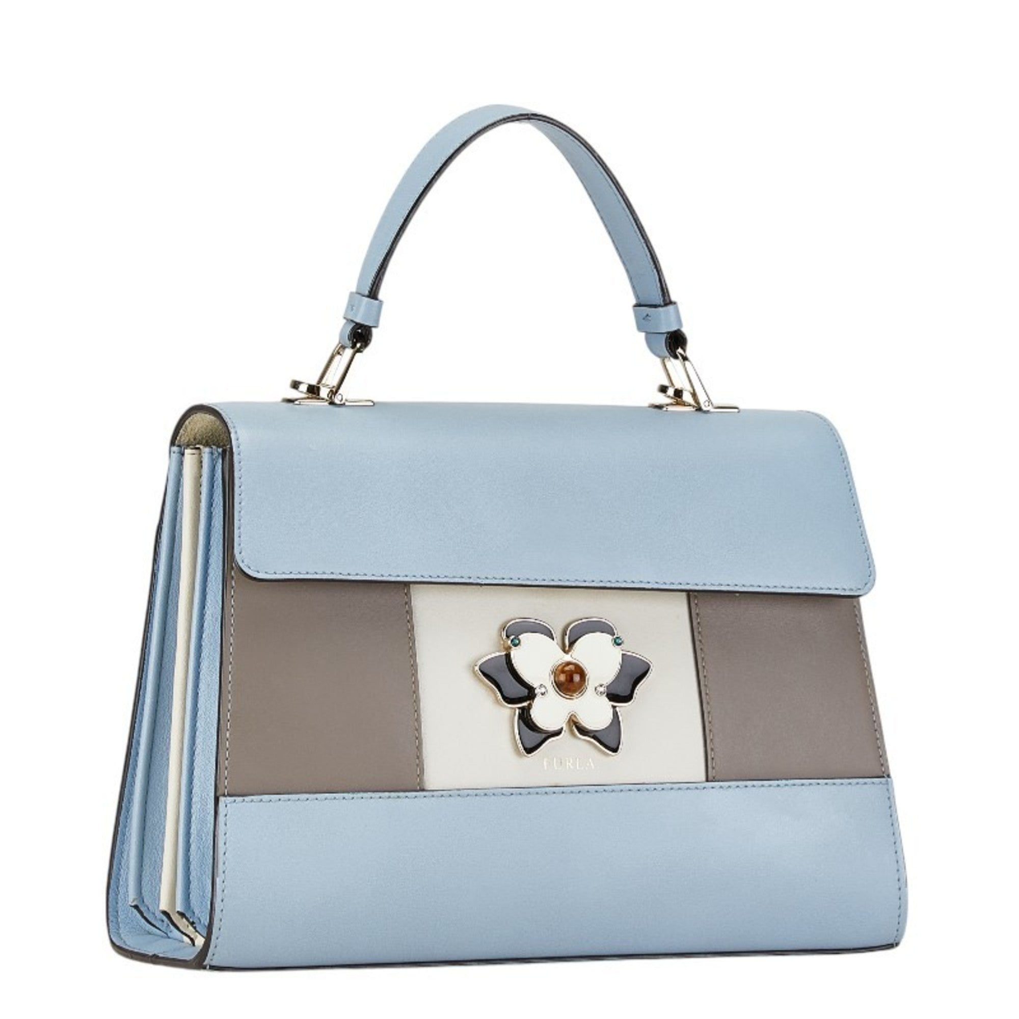 Furla Light Blue White Leather Handbag Shoulder Bag (Pre-Owned)