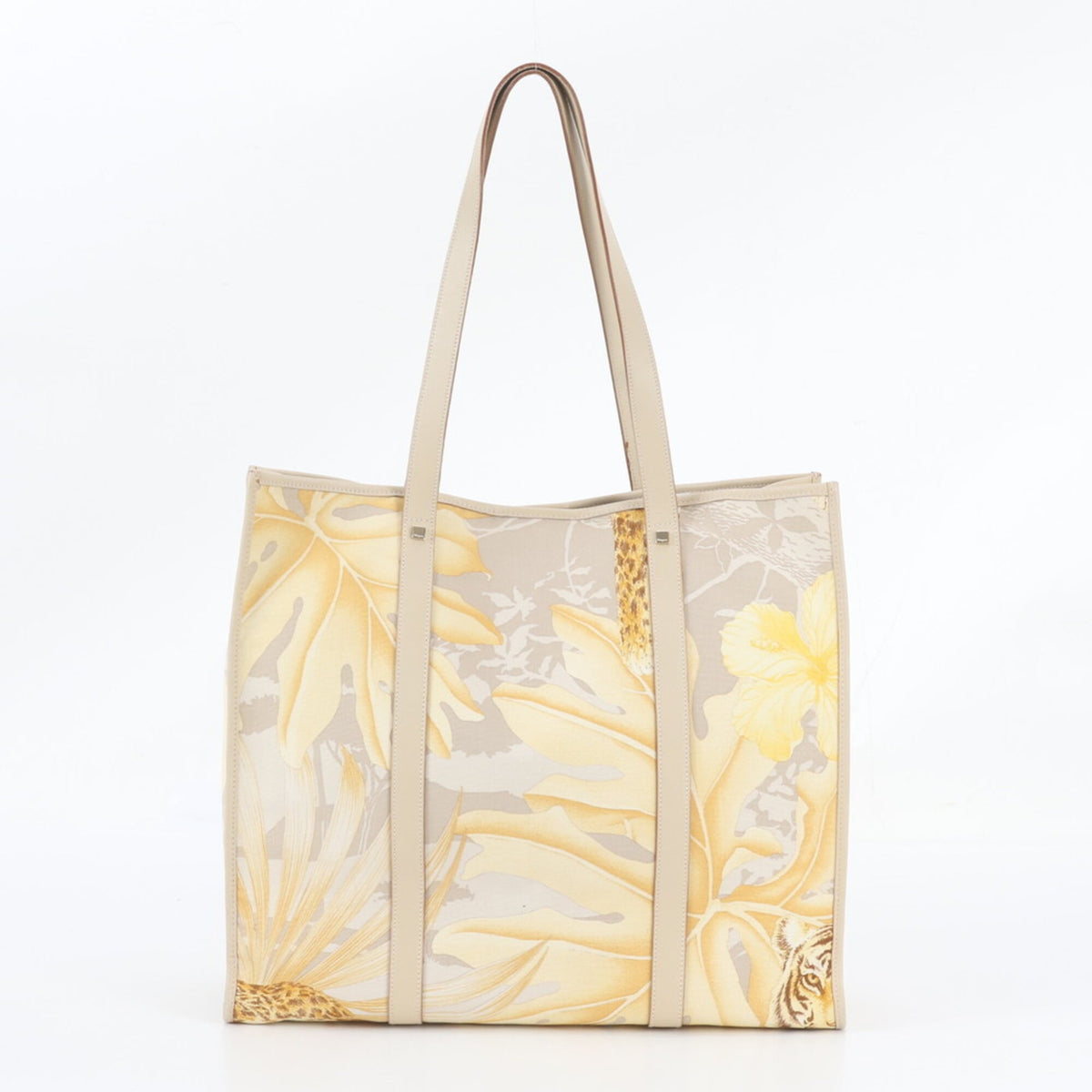 Salvatore Ferragamo Beige Yellow Leather Canvas Shoulder Bag Tote Bag (Pre-Owned)