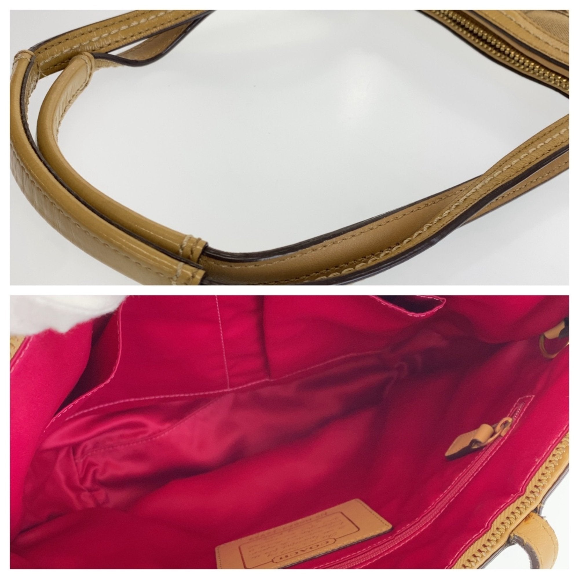 Coach Beige Brown Pink Canvas Leather Shoulder Bag Tote Bag (Pre-Owned)