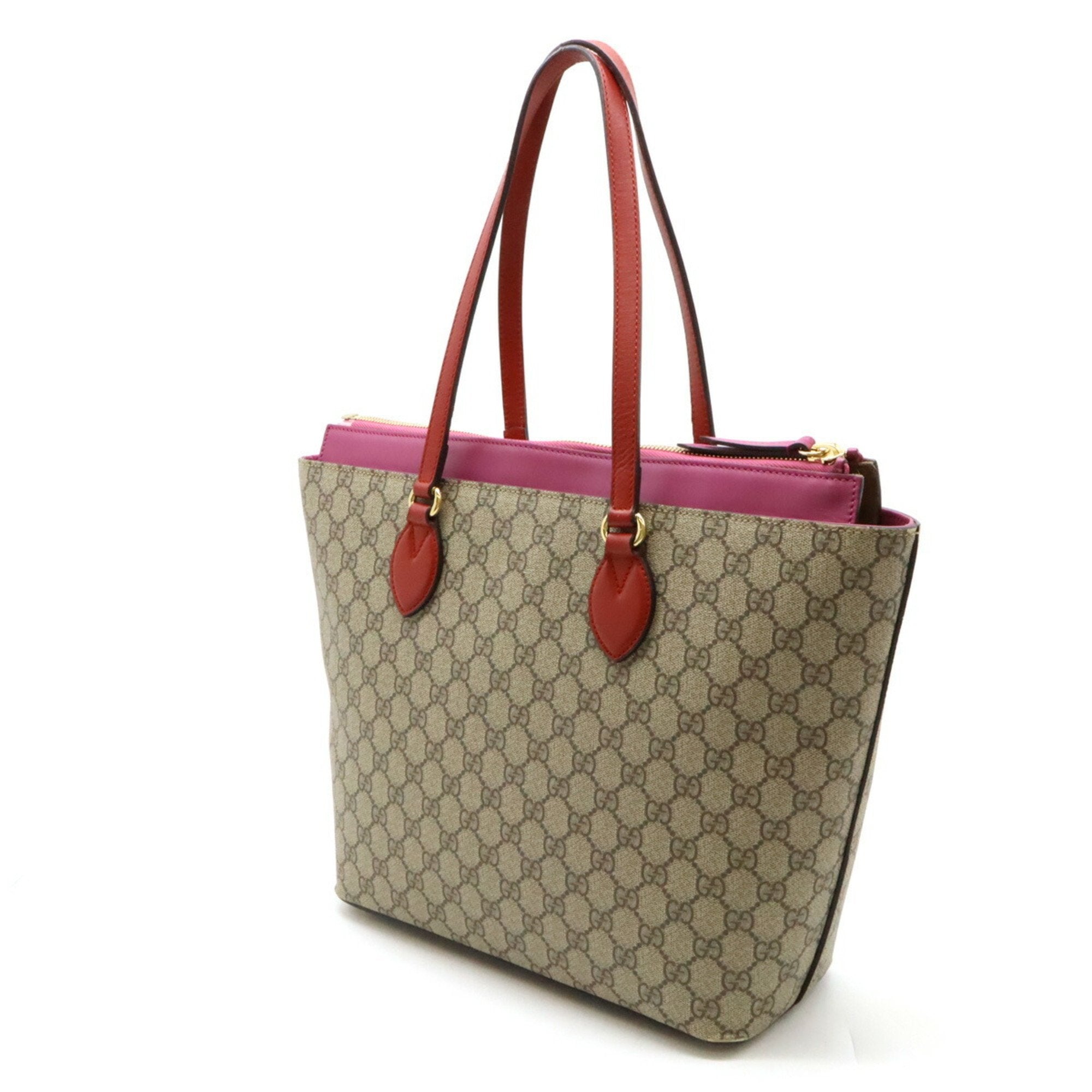 Gucci Gg Plus Khaki Pink Red Color Gg Supreme Tote Bag (Pre-Owned)