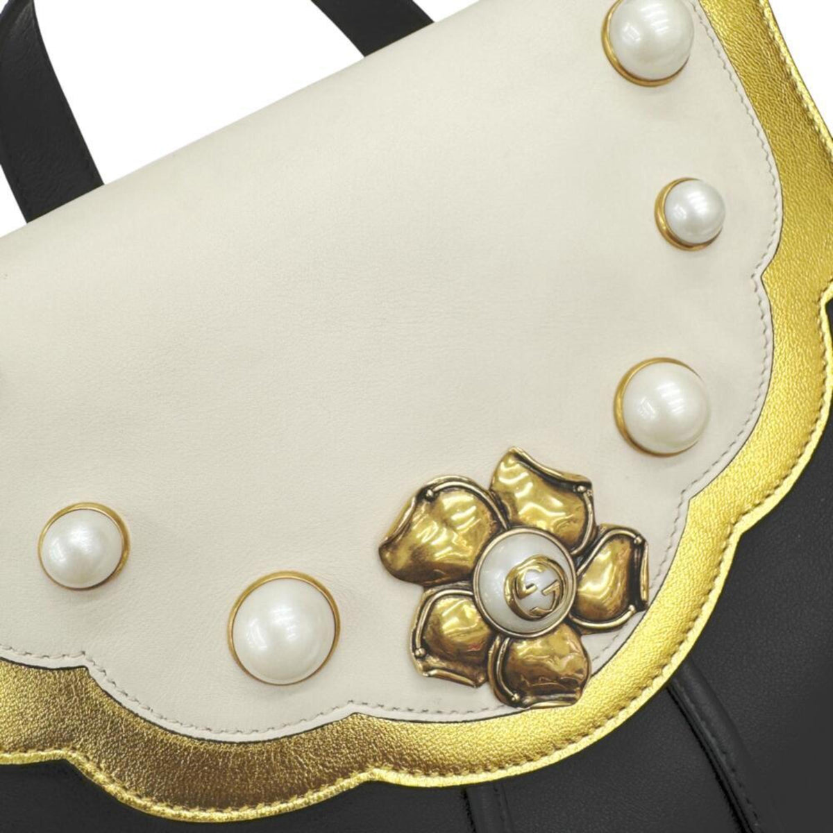 Gucci Black Gold White Leather Metal Backpack (Pre-Owned)