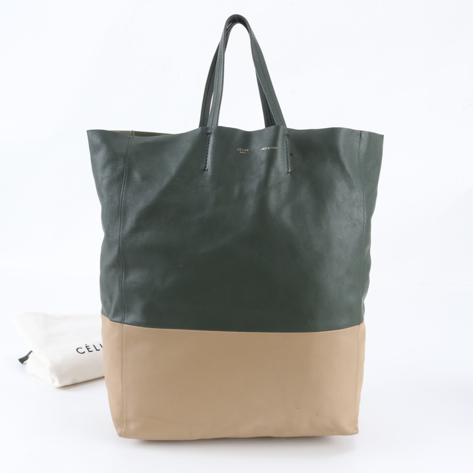 Celine Cabas Beige Moss Green Leather Handbag Tote Bag (Pre-Owned)