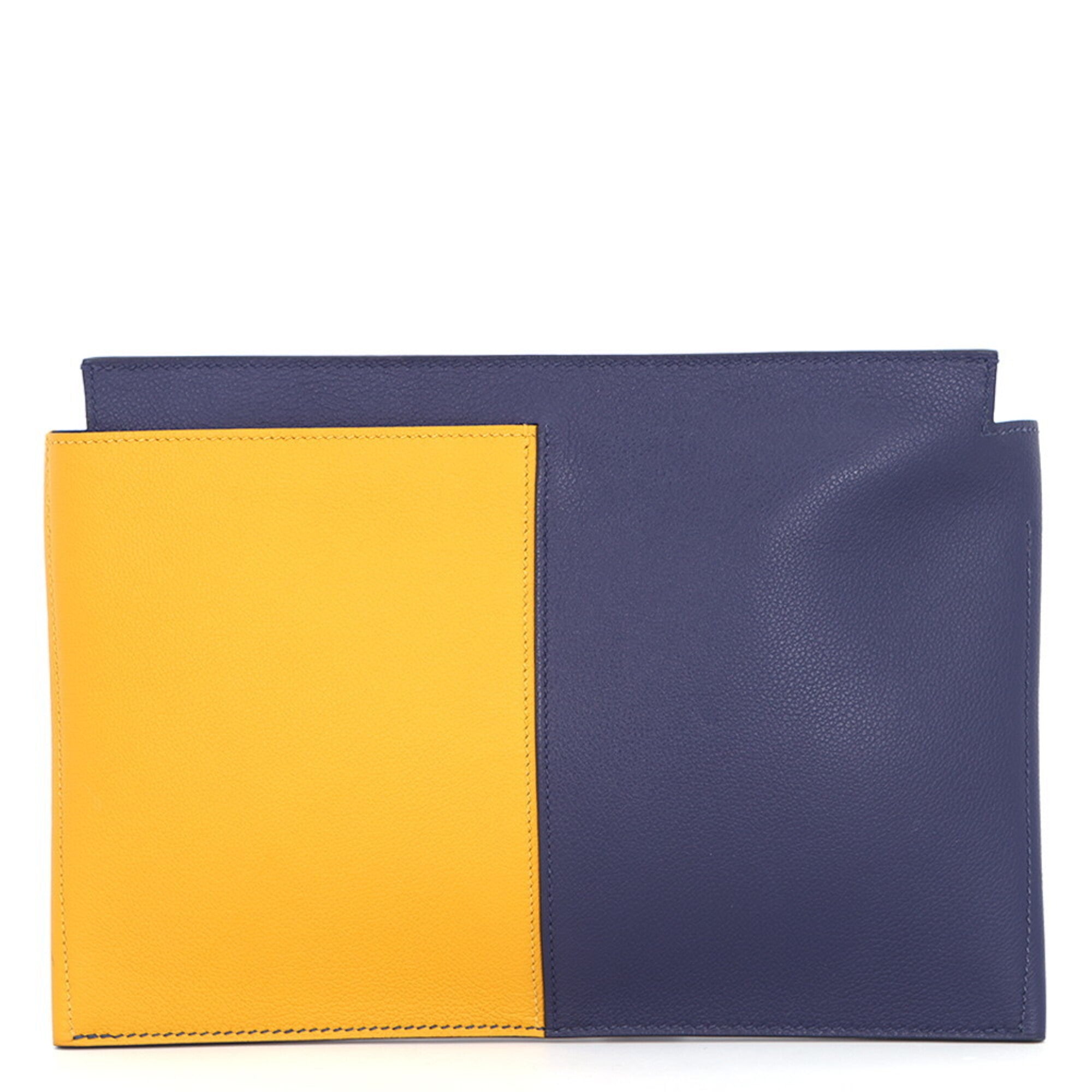 Hermes Kara Black Blue Jaune Box Calf Leather Clutch Bag Handbag (Pre-Owned)
