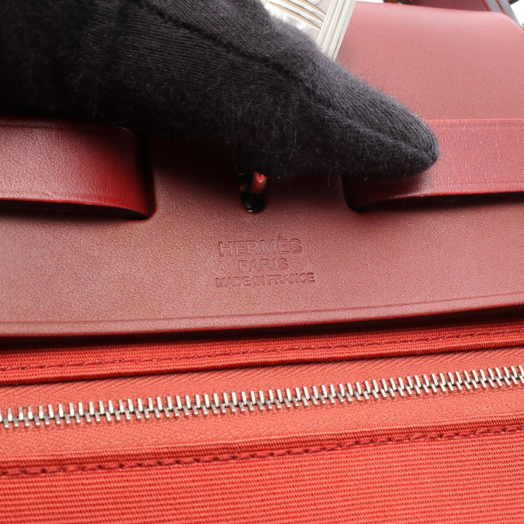 Hermes Red Color Rouge H Toile Officier Leather Handbag (Pre-Owned)