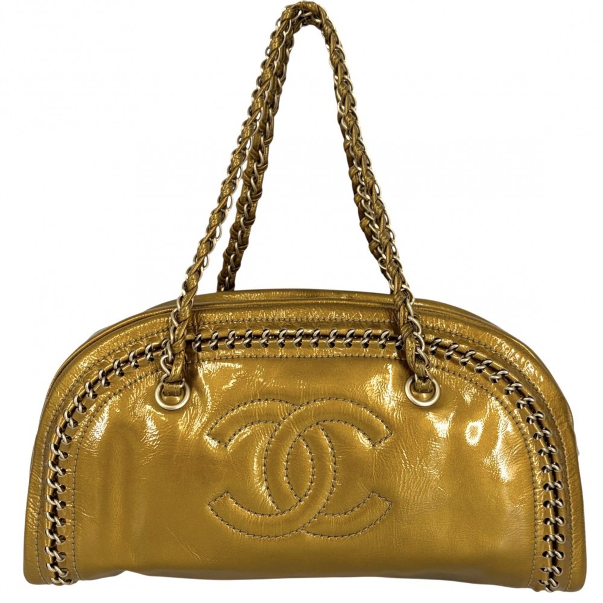 Chanel Gold Leather Boston Bag Handbag (Pre-Owned)