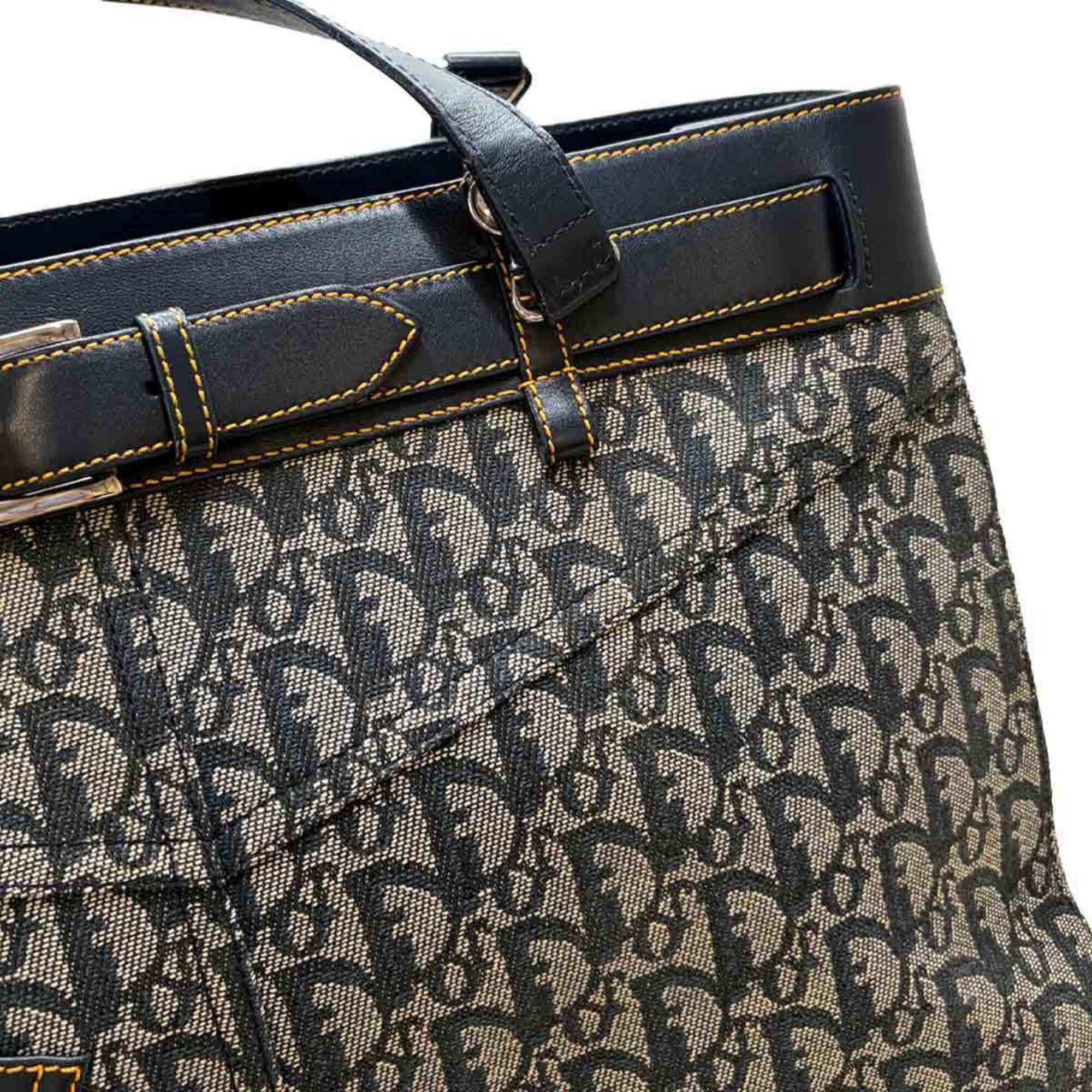 Christian Dior Navy Leather Canvas Handbag Tote Bag (Pre-Owned)