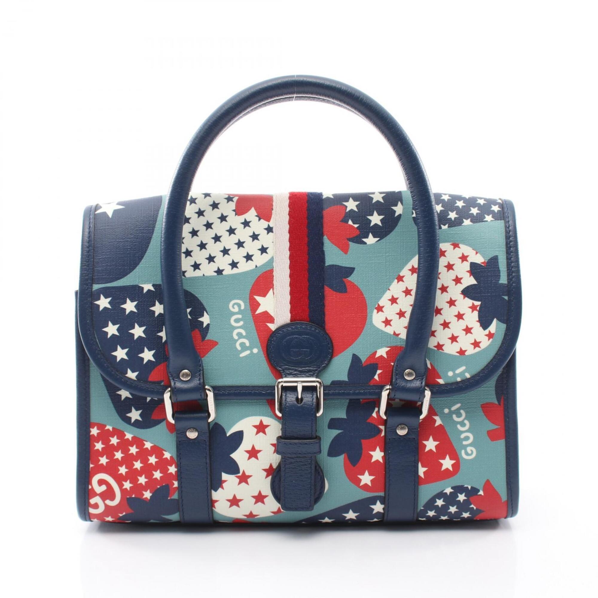 Gucci Blue Navy Red Color Coated Canvas Leather Handbag (Pre-Owned)