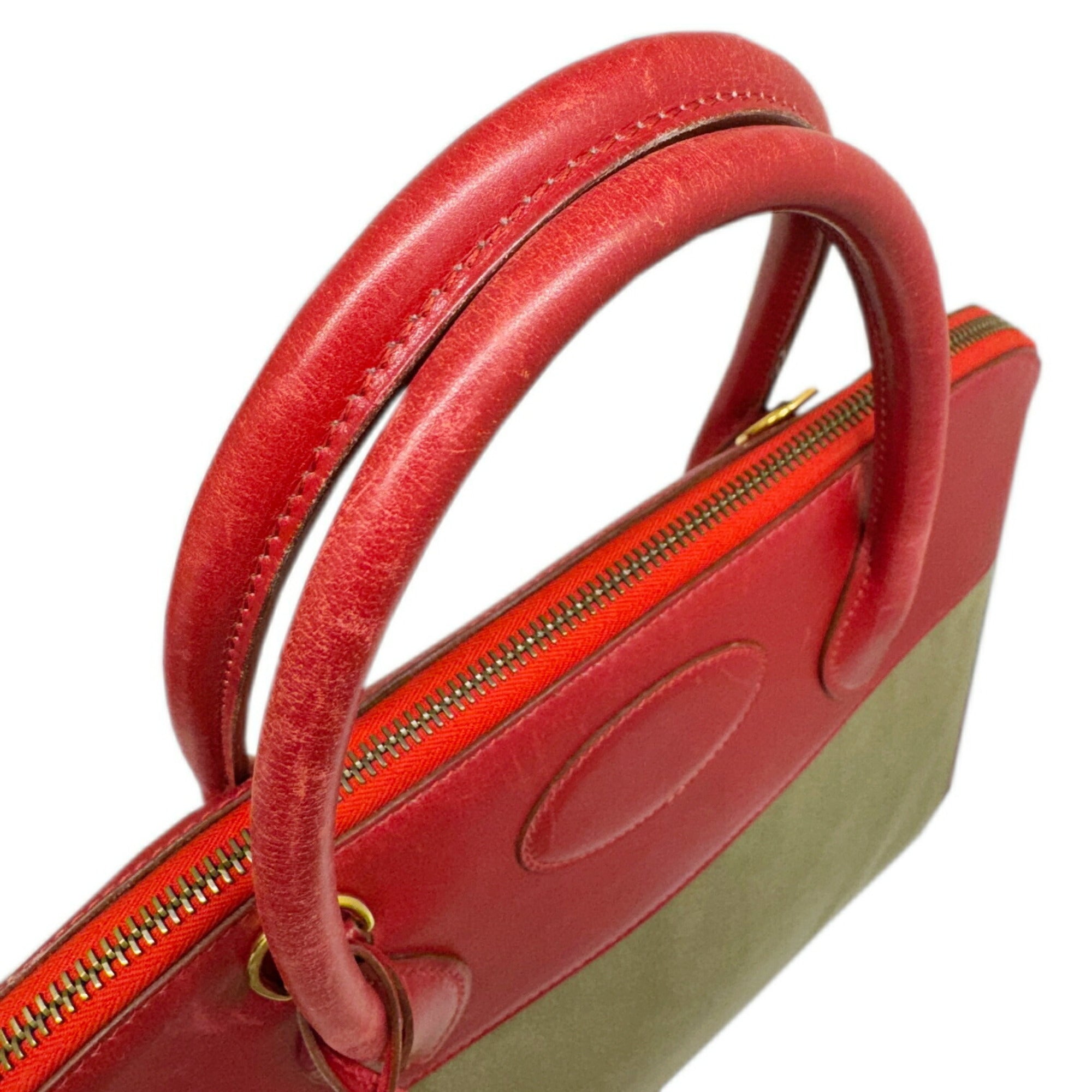Hermes Khaki Rouge Garance Toile Officier Box Calf Leather Handbag Shoulder Bag (Pre-Owned)