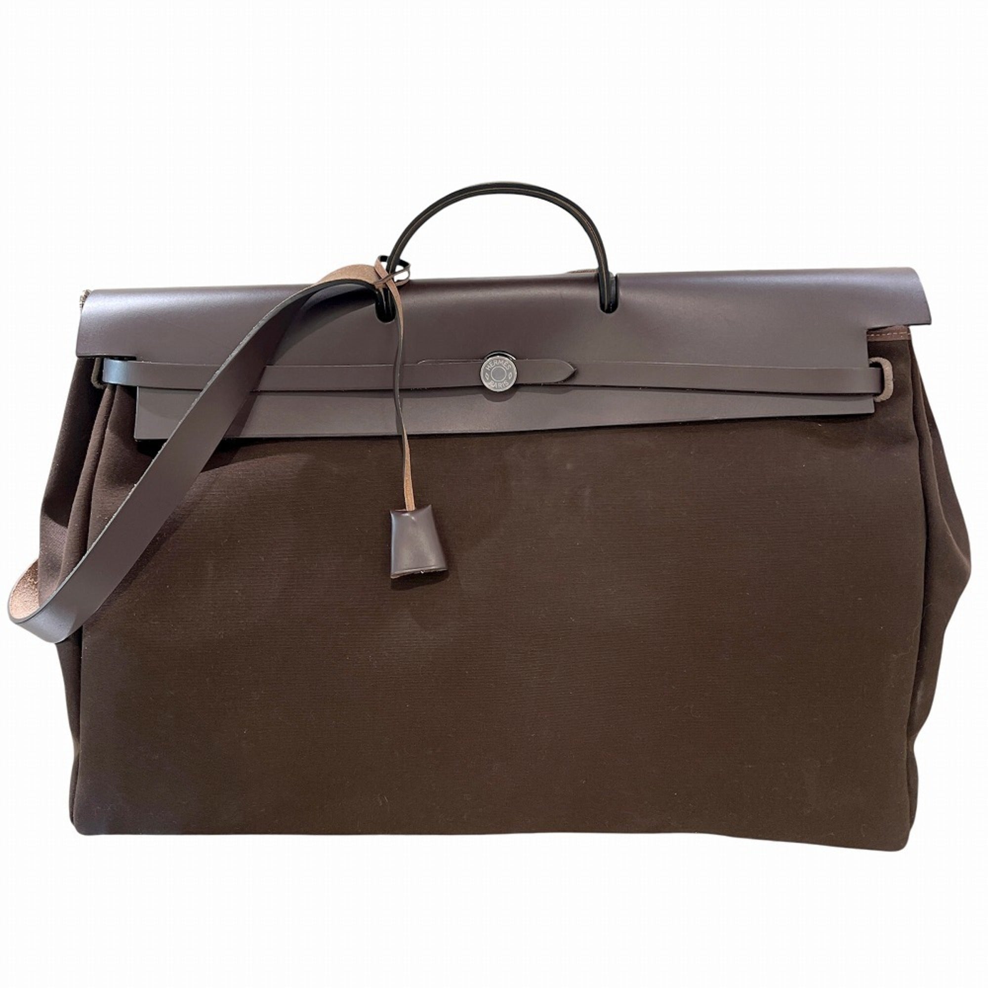 Hermes Brown Canvas Leather Pouch Tote Bag (Pre-Owned)