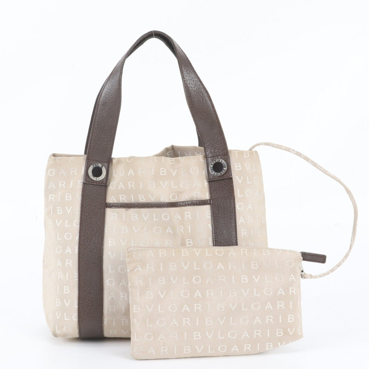 Bvlgari Beige Leather Canvas Handbag Shoulder Bag Tote Bag (Pre-Owned)