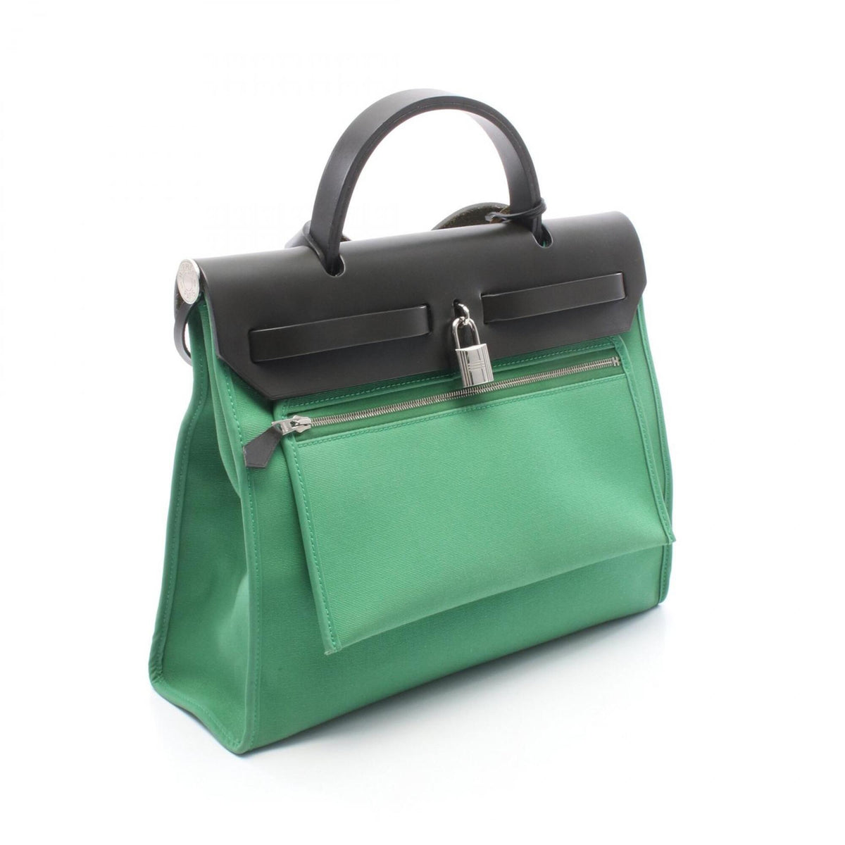 Hermes Black Green Canvas Leather Handbag (Pre-Owned)