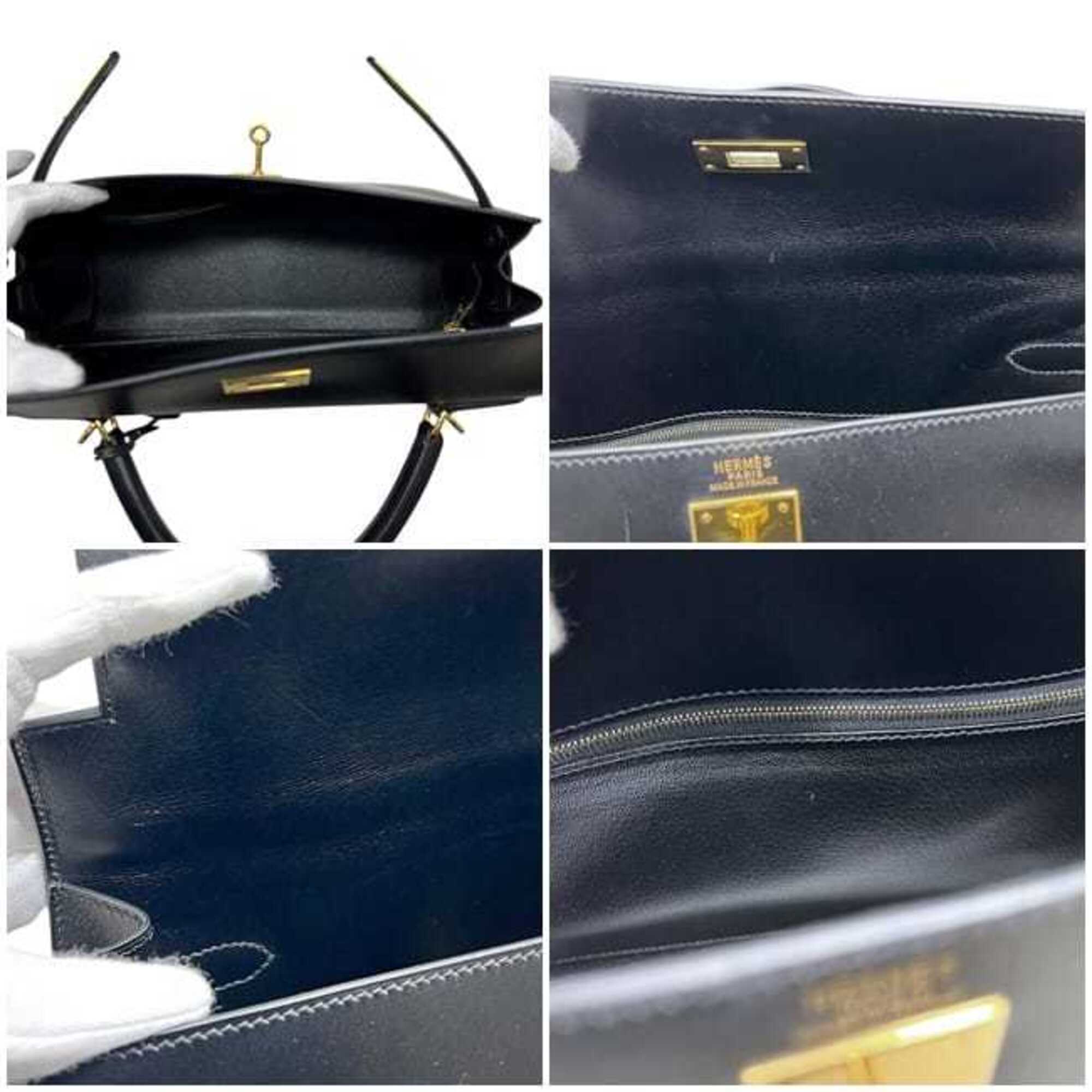 Hermes Kelly Black Box Calf Leather Handbag Shoulder Bag (Pre-Owned)