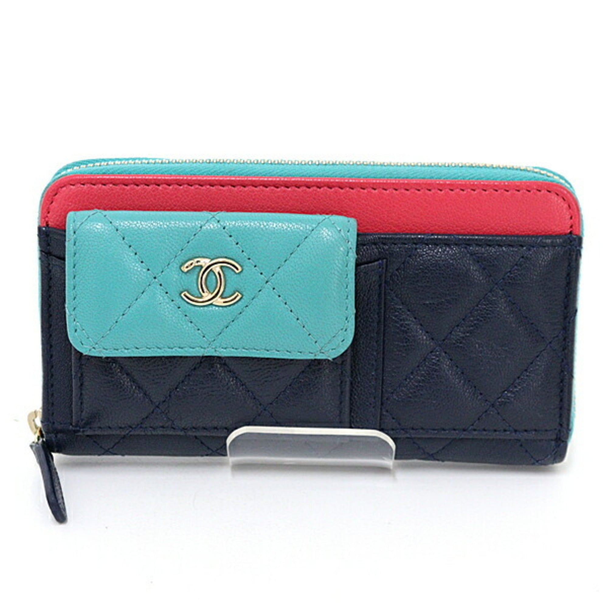 Chanel Green Navy Pink Leather Wallet (Bi-Fold) (Pre-Owned)