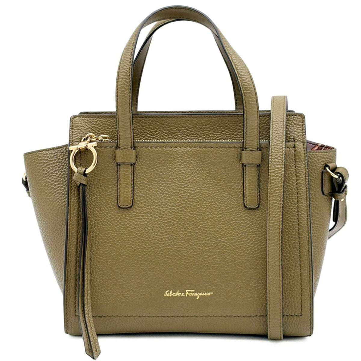 Salvatore Ferragamo Khaki Leather Shoulder Bag Tote Bag (Pre-Owned)