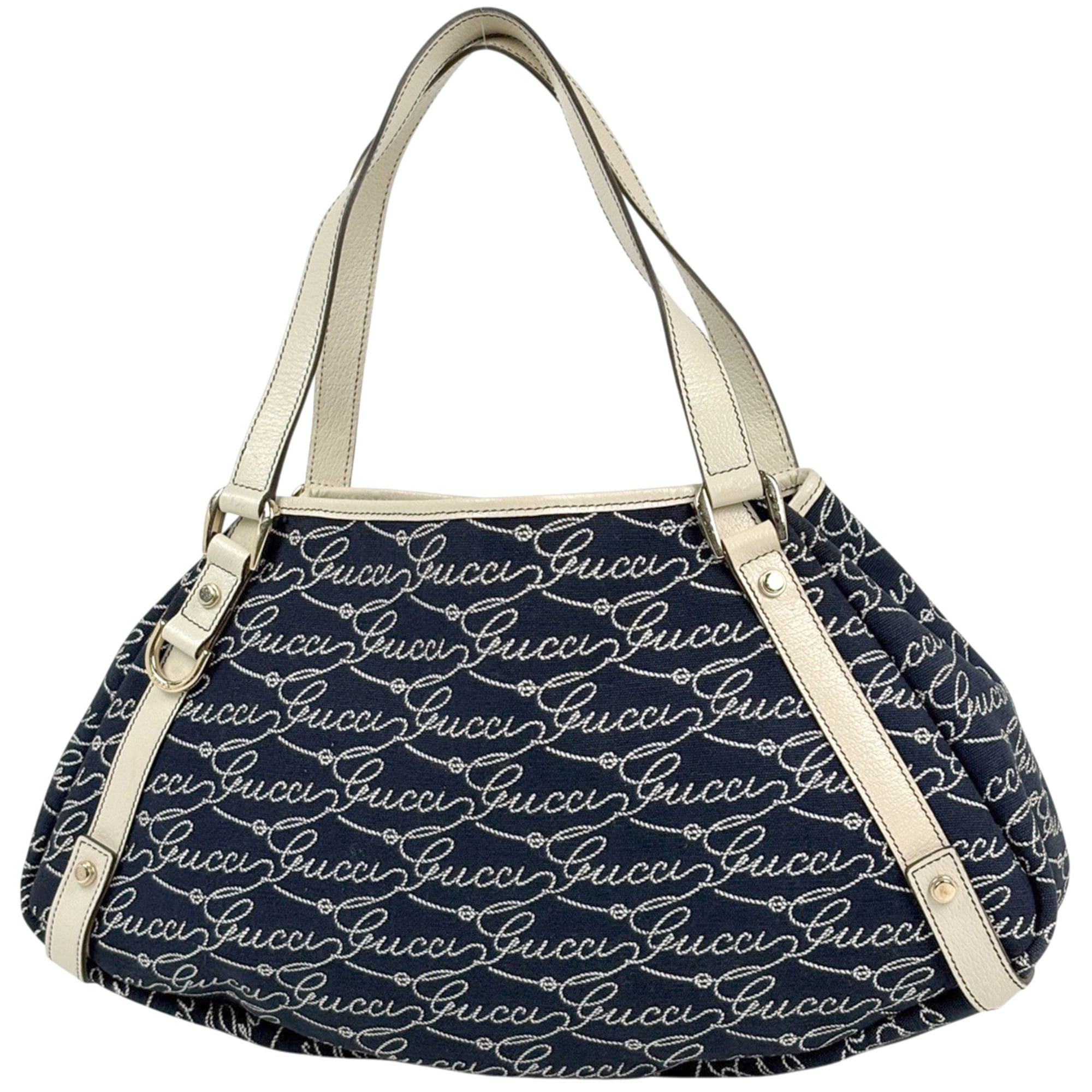 Gucci Abbey Navy White Canvas Leather Tote Bag (Pre-Owned)