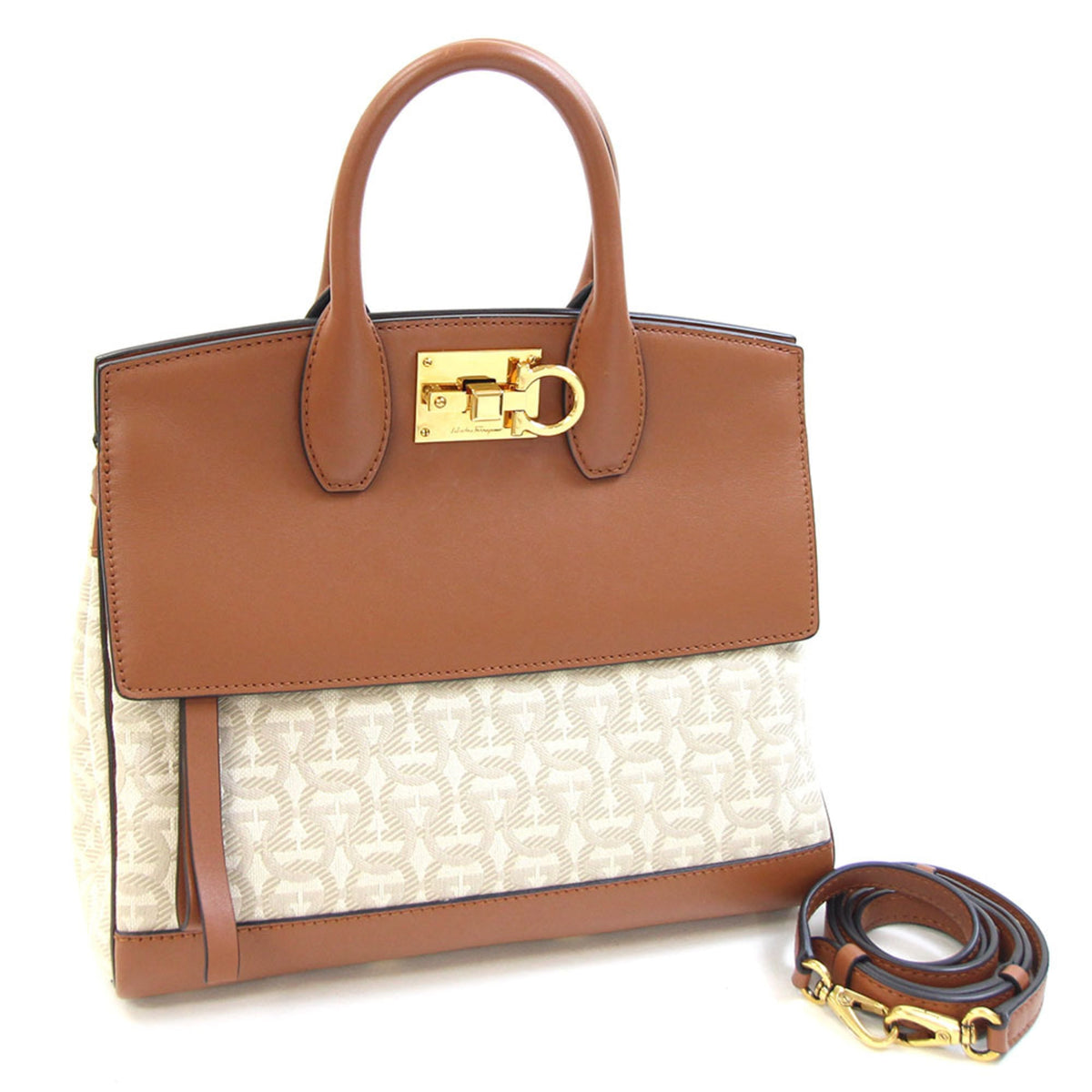 Salvatore Ferragamo Gancini Beige Brown Fabric Leather Handbag Pouch (Pre-Owned)