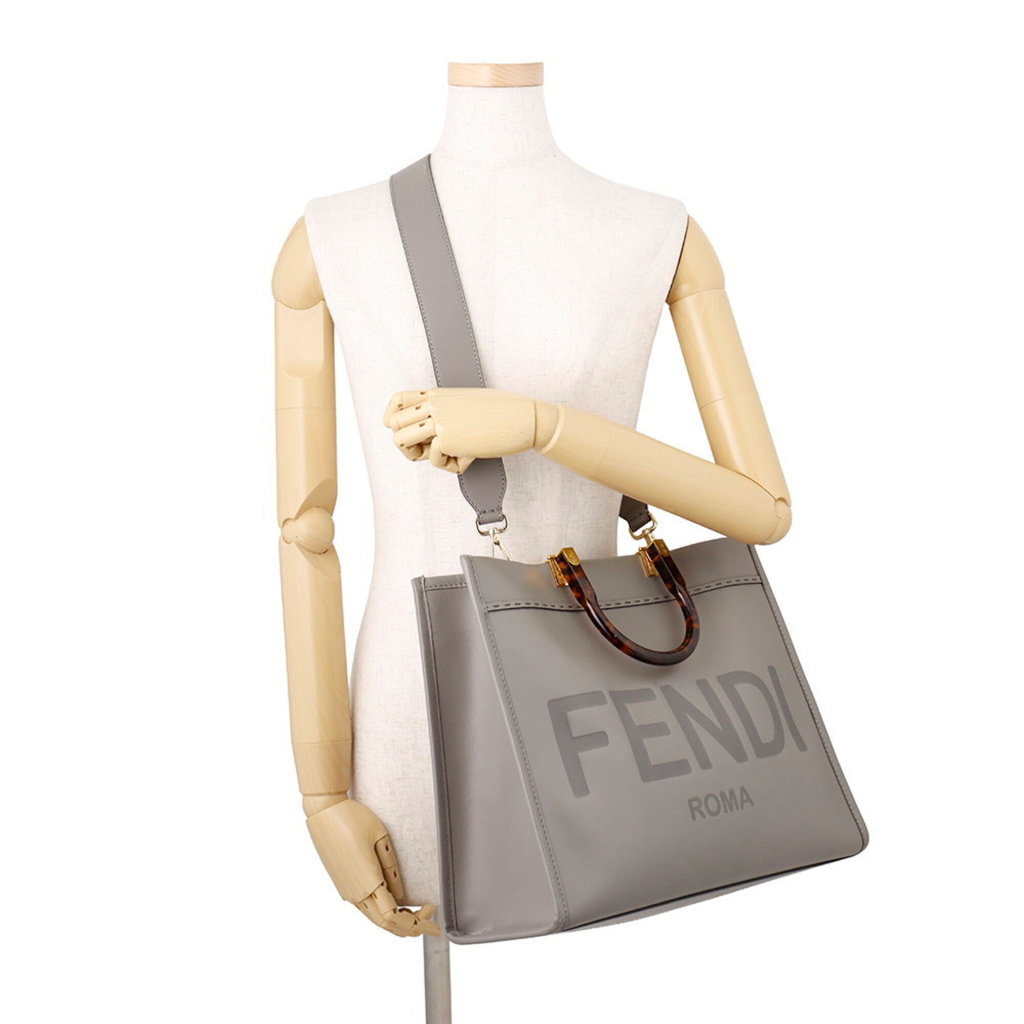 Fendi Gray Leather Handbag Shoulder Bag Tote Bag (Pre-Owned)
