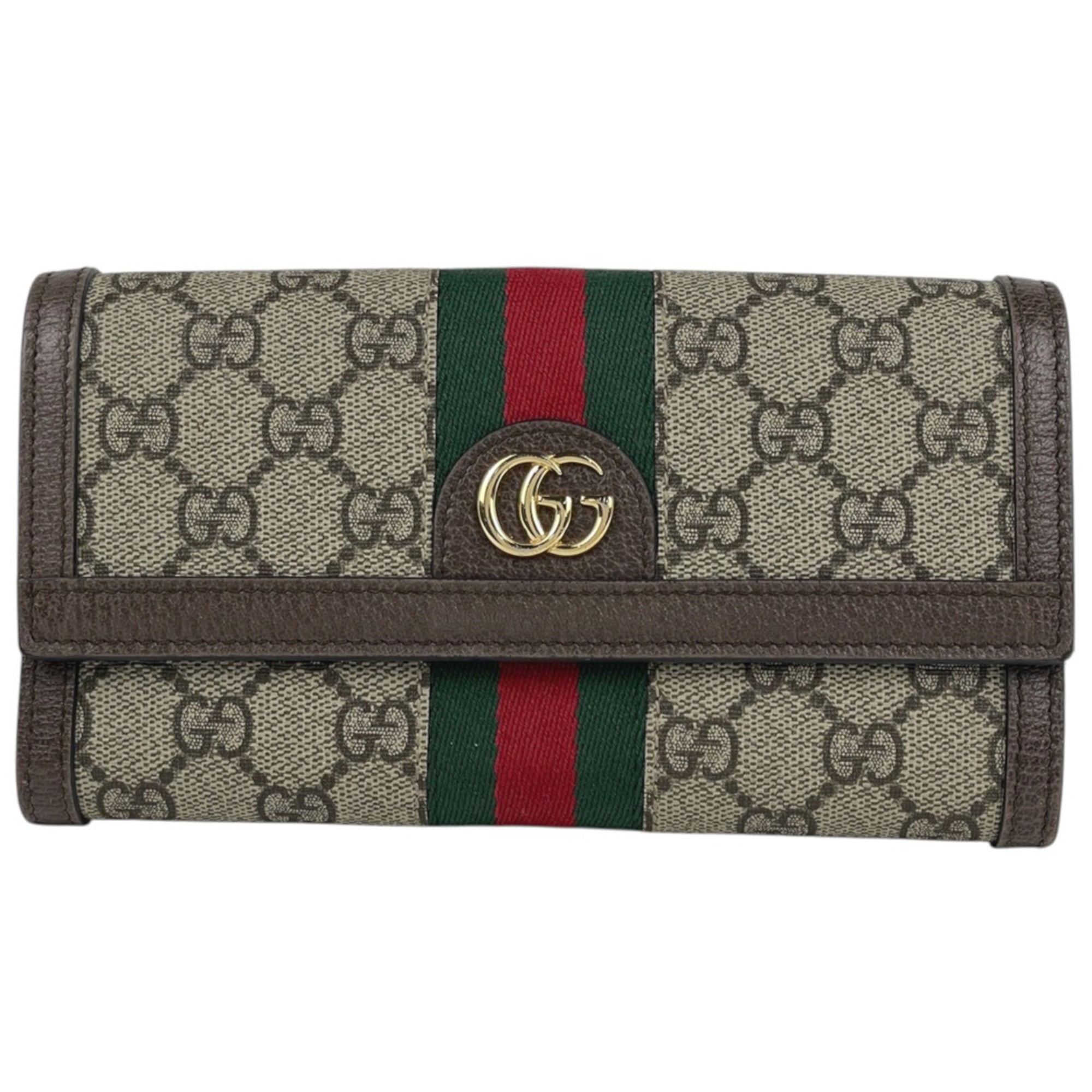 Gucci Beige Green Red Color Coated Canvas Long Wallet (Tri-Fold) (Pre-Owned)