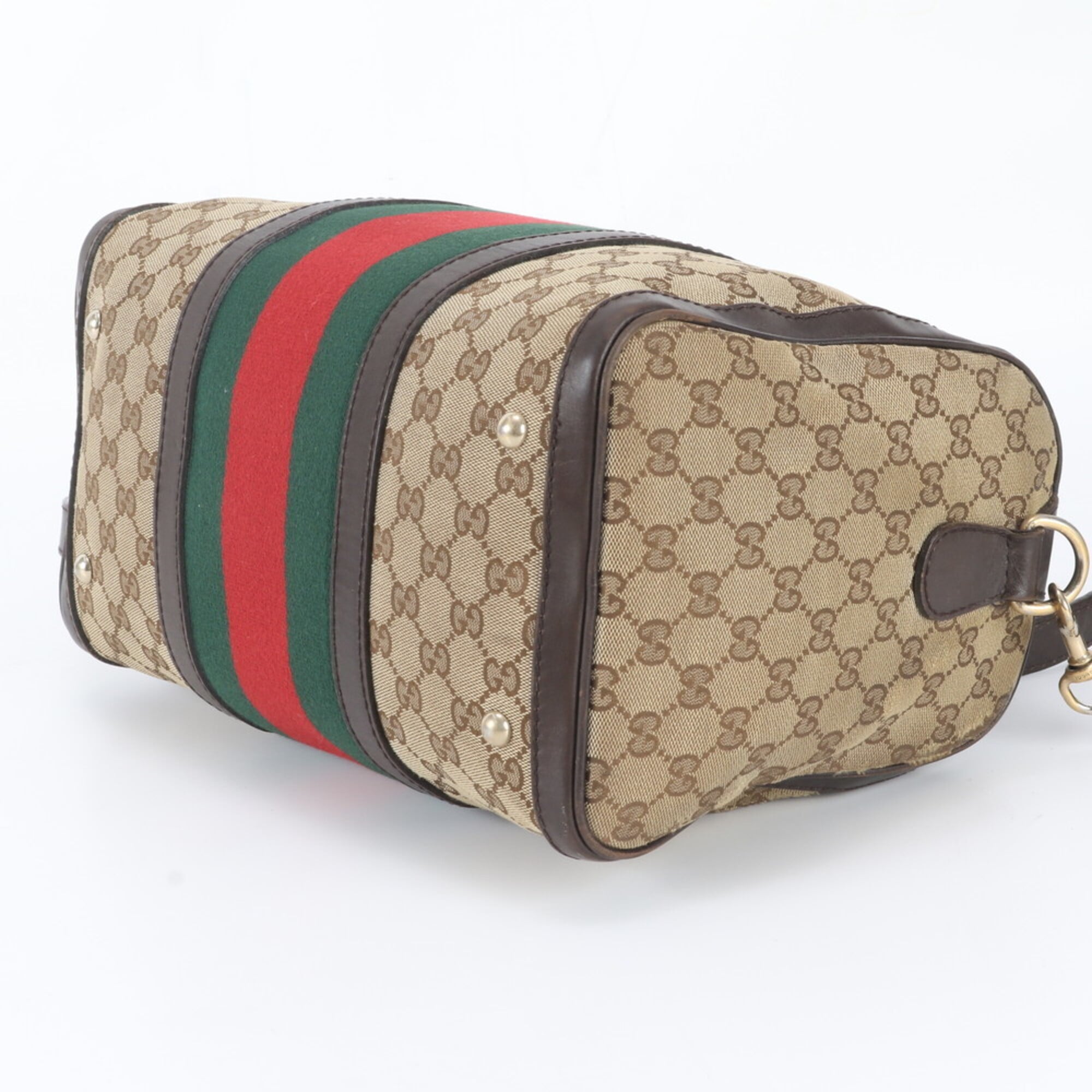 Gucci Brown Leather Canvas Boston Bag Handbag Shoulder Bag (Pre-Owned)