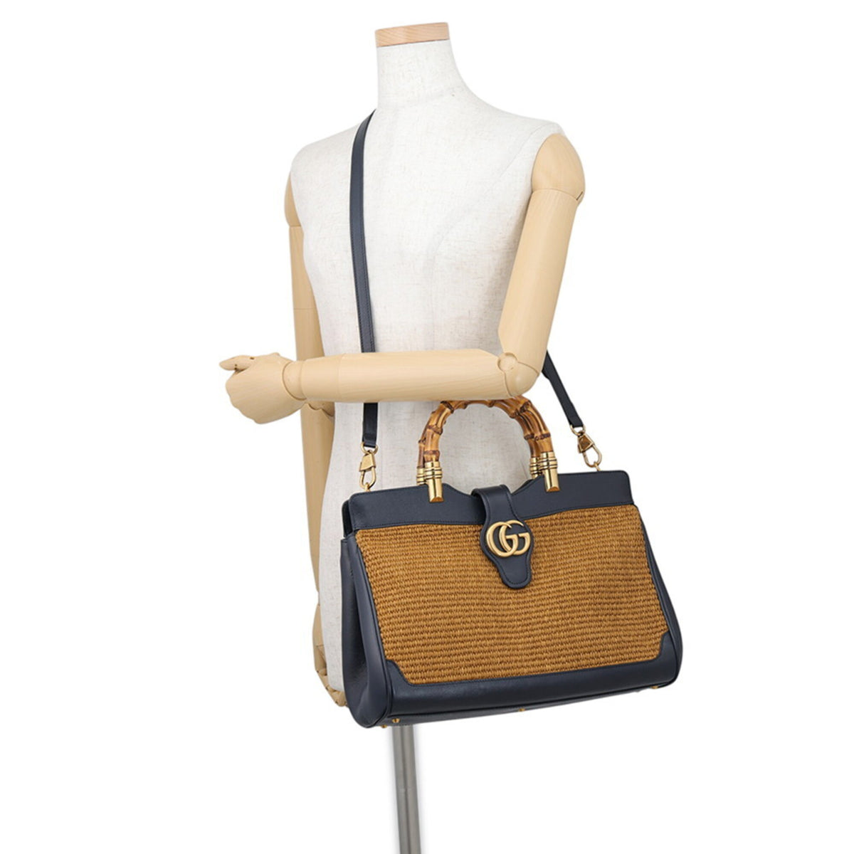 Gucci Gg Marmont Brown Navy Raffia Leather Handbag Shoulder Bag (Pre-Owned)