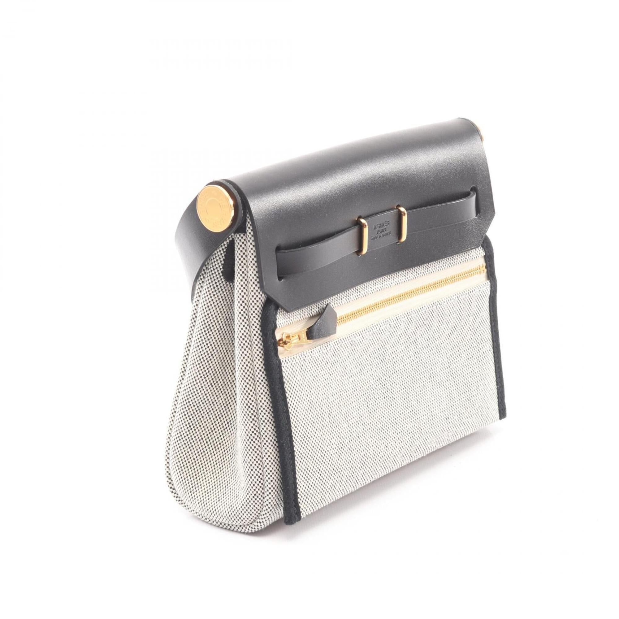 Hermes Black Ecru Gray Toile H Leather Handbag Shoulder Bag (Pre-Owned)