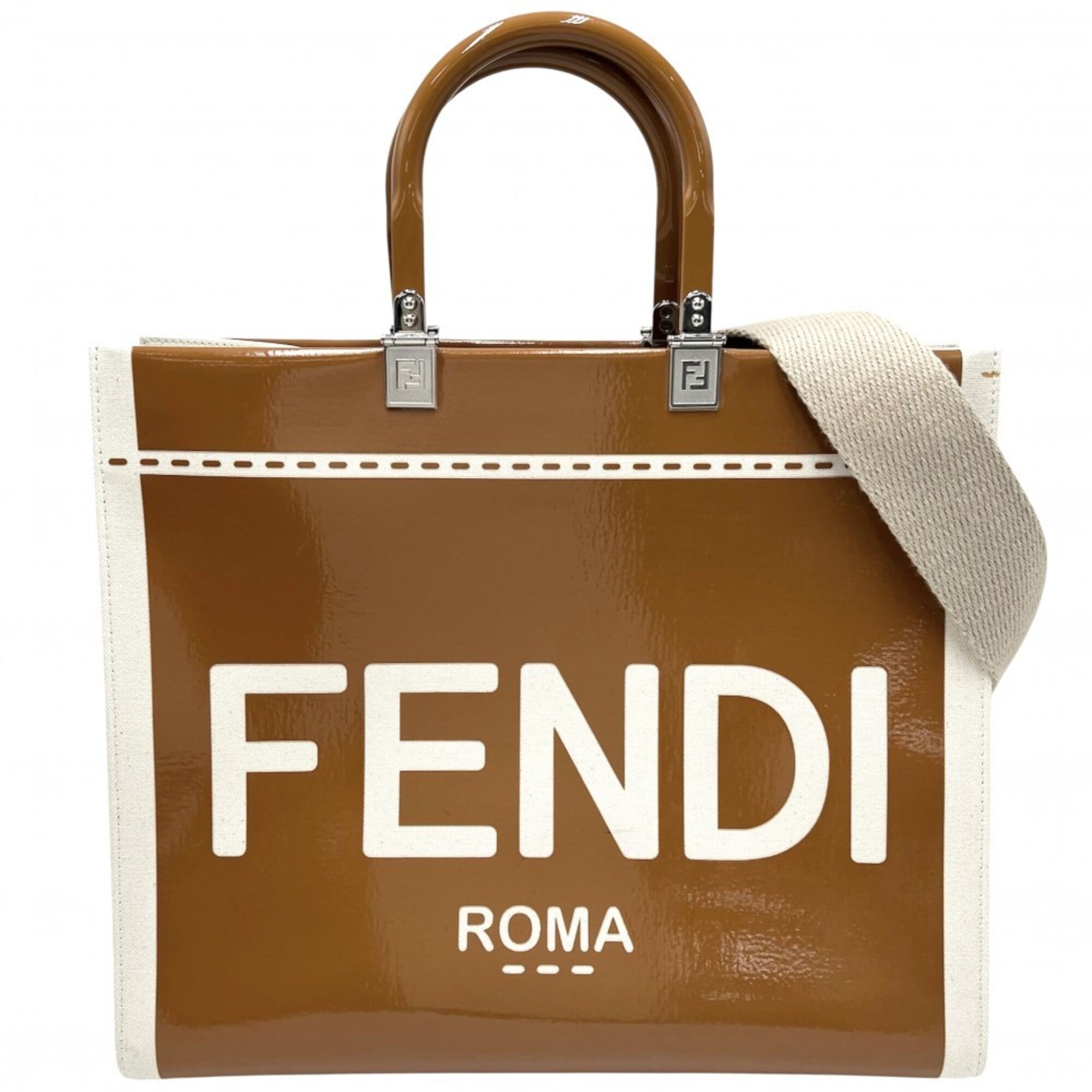 Fendi Brown Ivory Canvas Patent Leather Handbag Shoulder Bag Tote Bag (Pre-Owned)