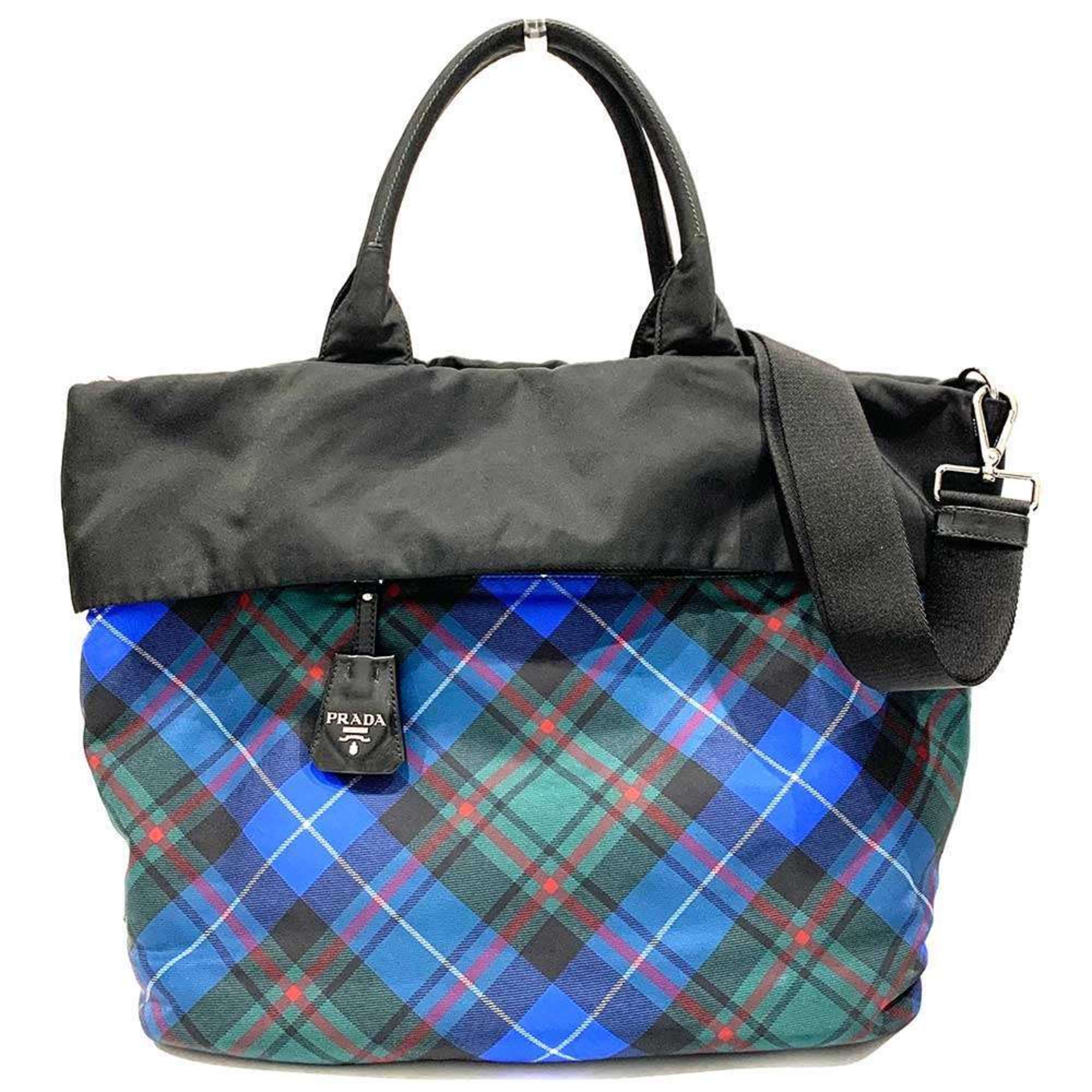 Prada Black Blue Nylon Leather Handbag Shoulder Bag (Pre-Owned)