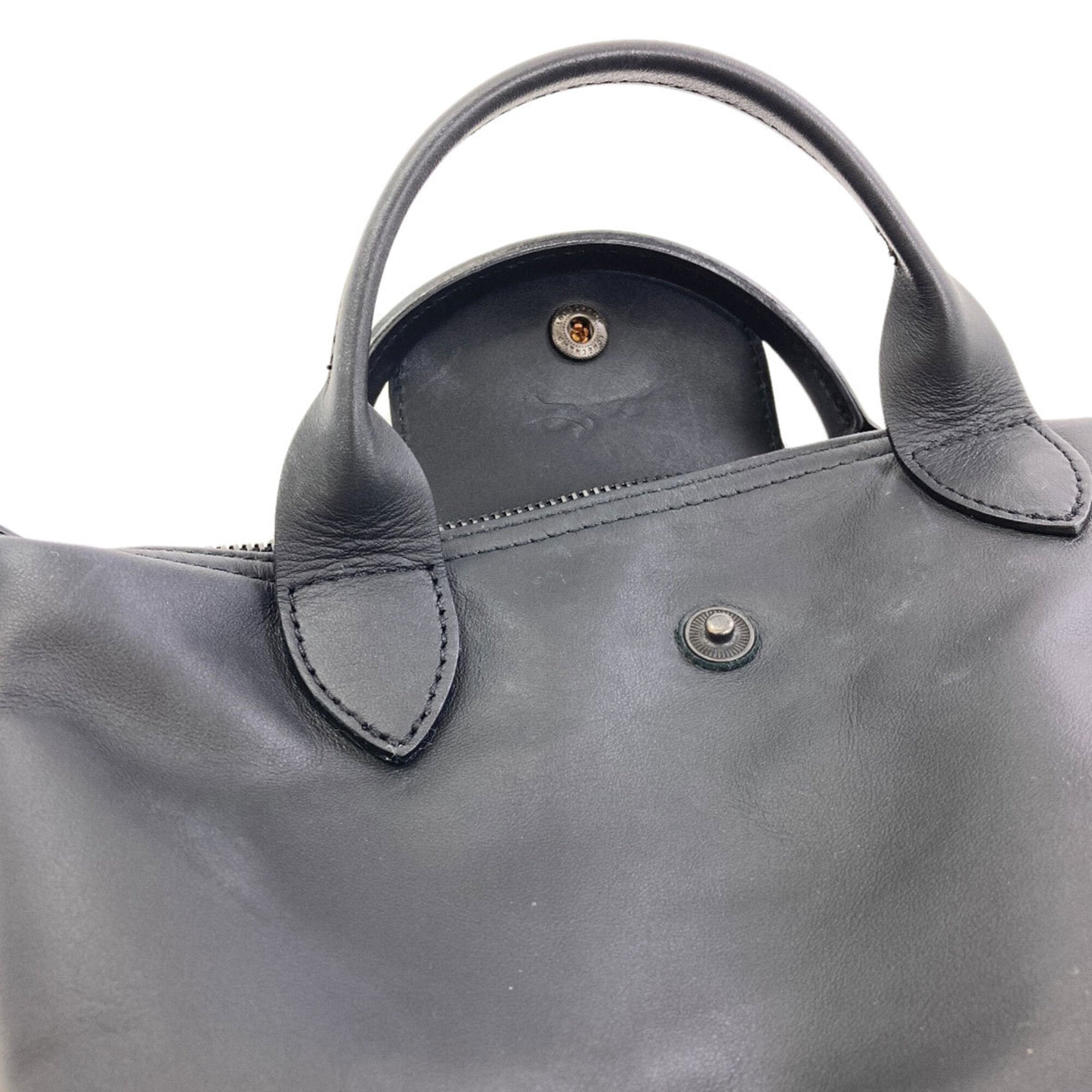 Longchamp Le Pliage Black Leather Handbag (Pre-Owned)