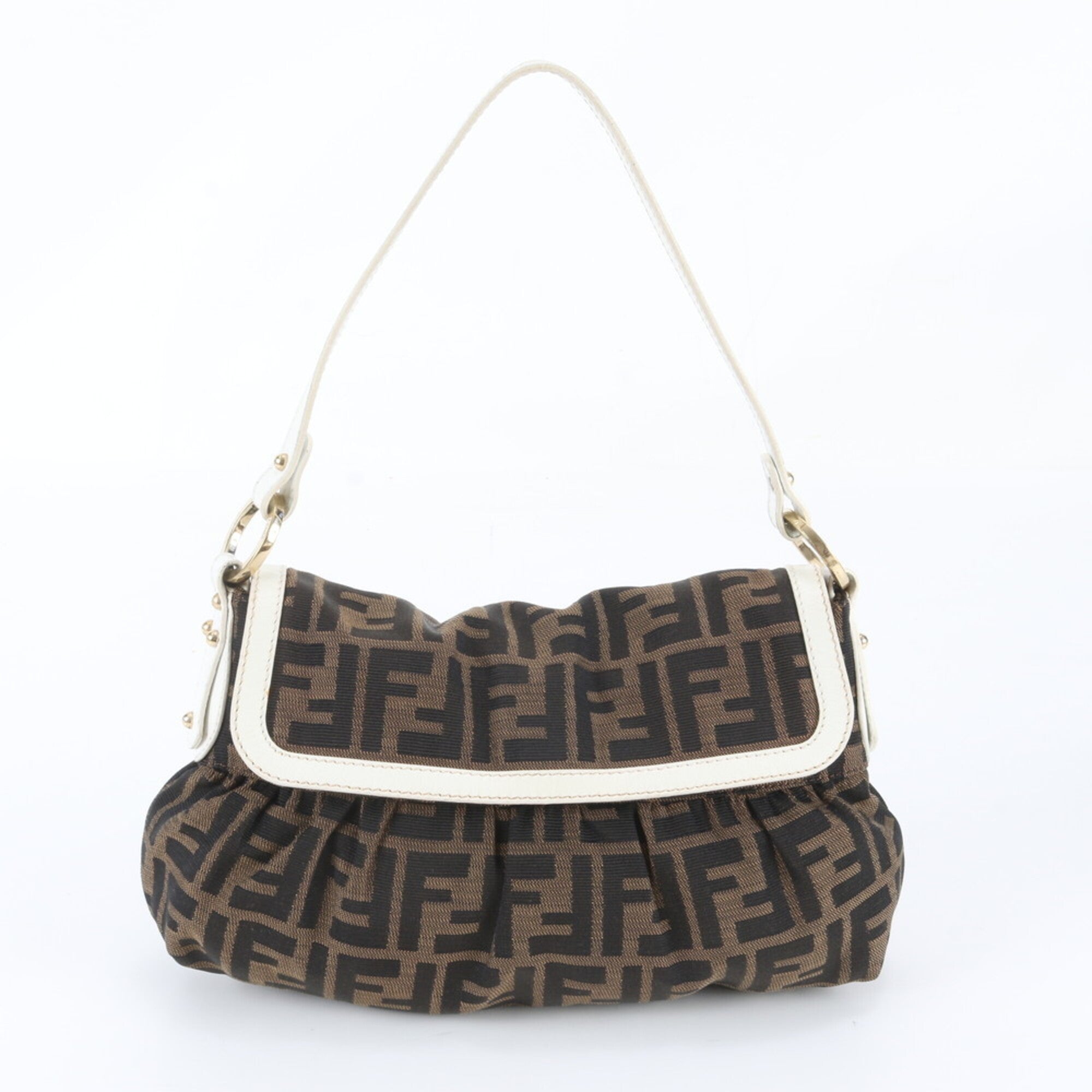 Fendi Brown White Leather Canvas Handbag Shoulder Bag Tote Bag (Pre-Owned)