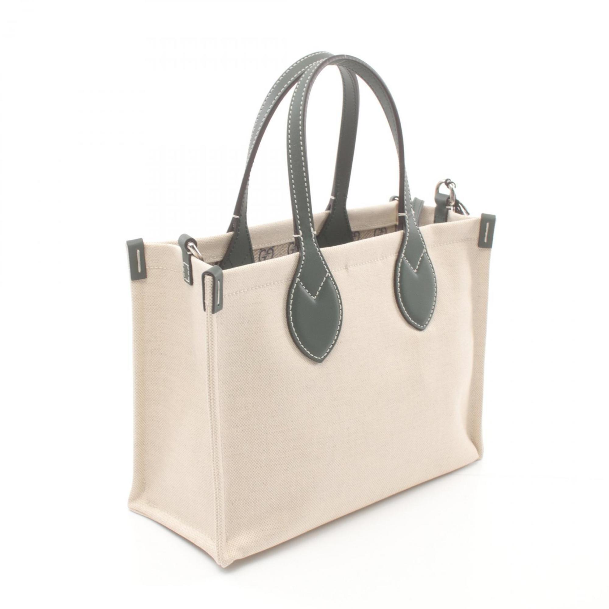 Gucci Beige Green Canvas Leather Tote Bag