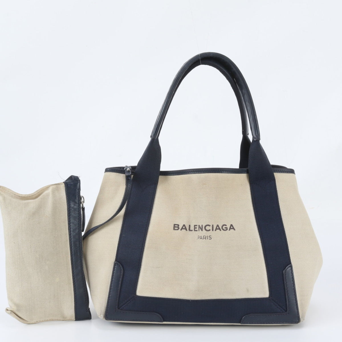 Balenciaga Beige Navy Leather Canvas Handbag Pouch Shoulder Bag Tote Bag (Pre-Owned)