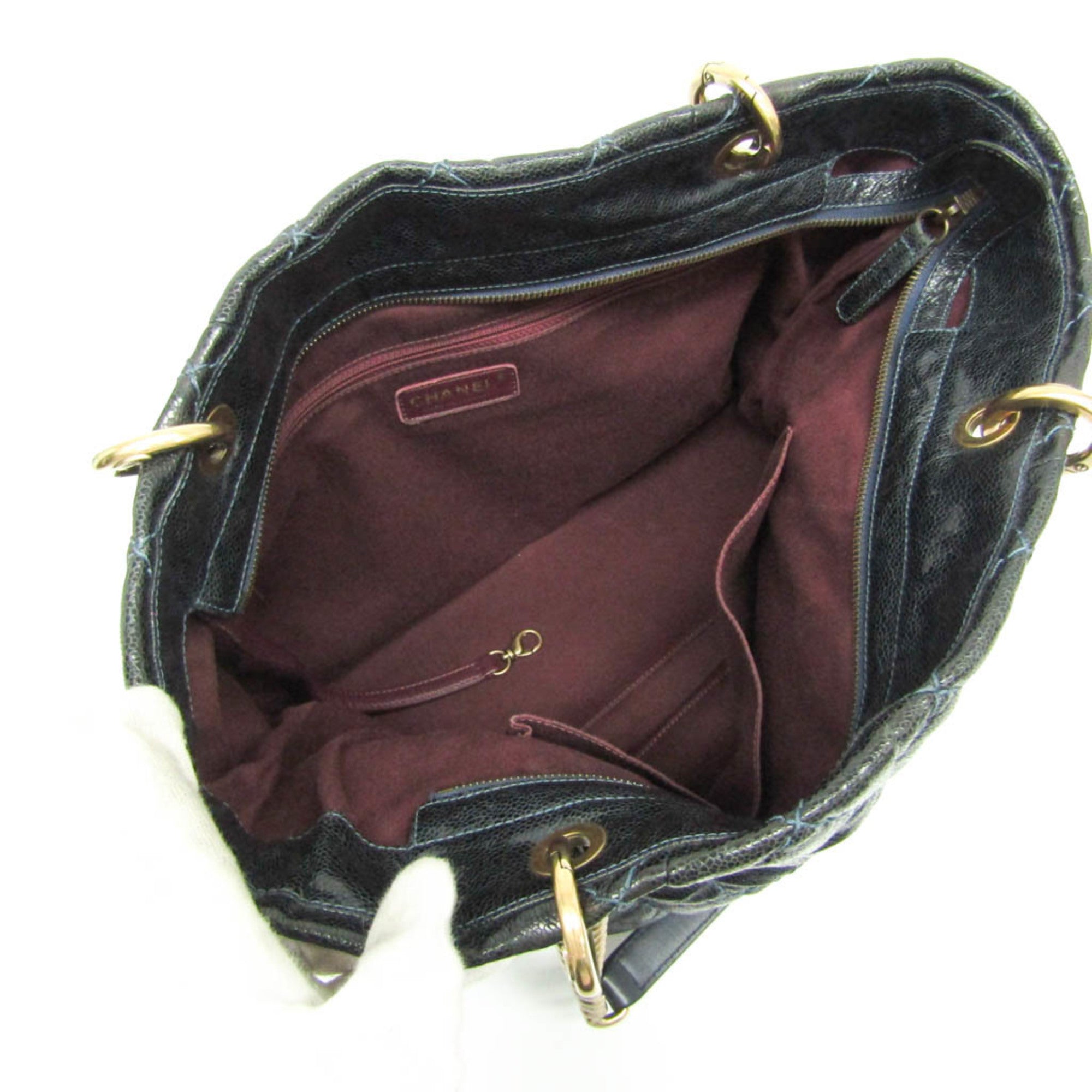 Chanel Matelasse Black Navy Grained Calfskin Tote Bag (Pre-Owned)