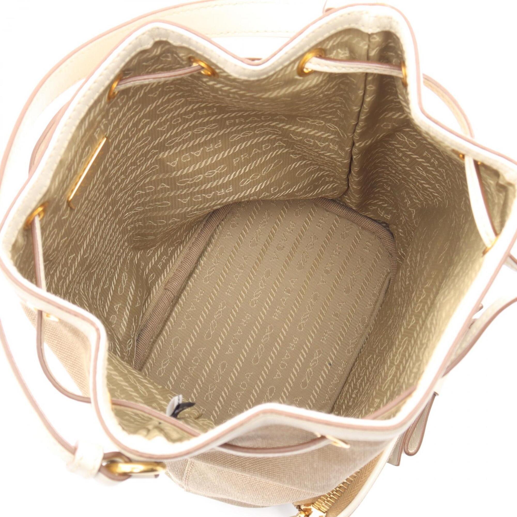 Prada Beige Brown White Canvas Leather Handbag (Pre-Owned)