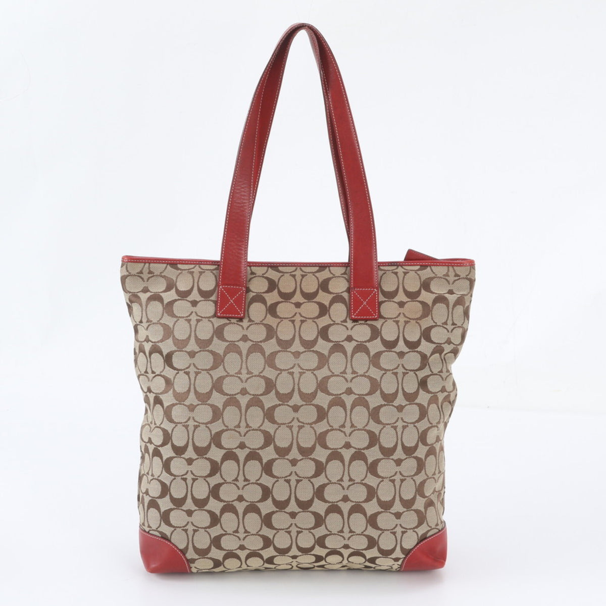 Coach Beige Red Color Leather Canvas Handbag Shoulder Bag Tote Bag (Pre-Owned)