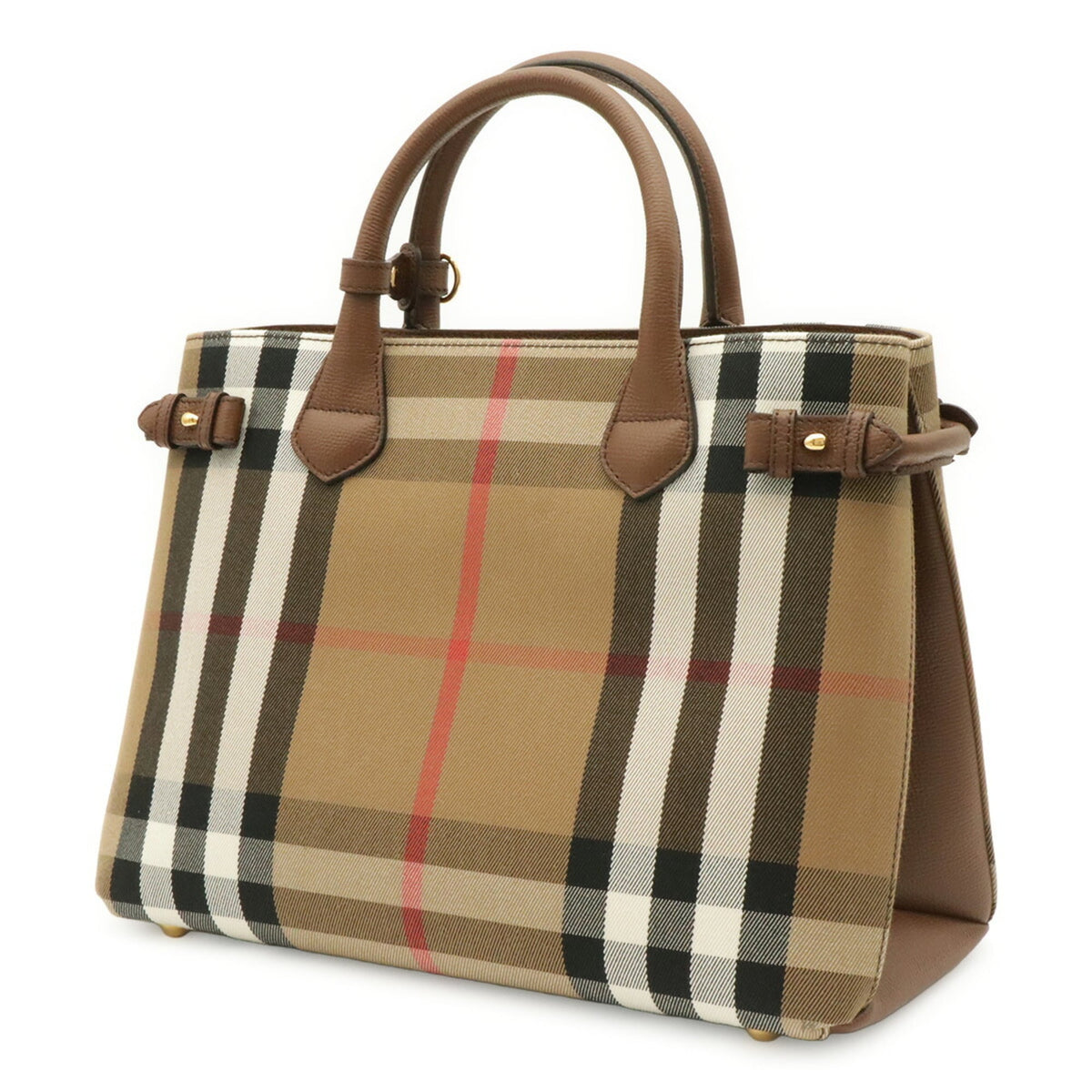 Burberry Black Brown Red Color White Canvas Leather Handbag Tote Bag (Pre-Owned)