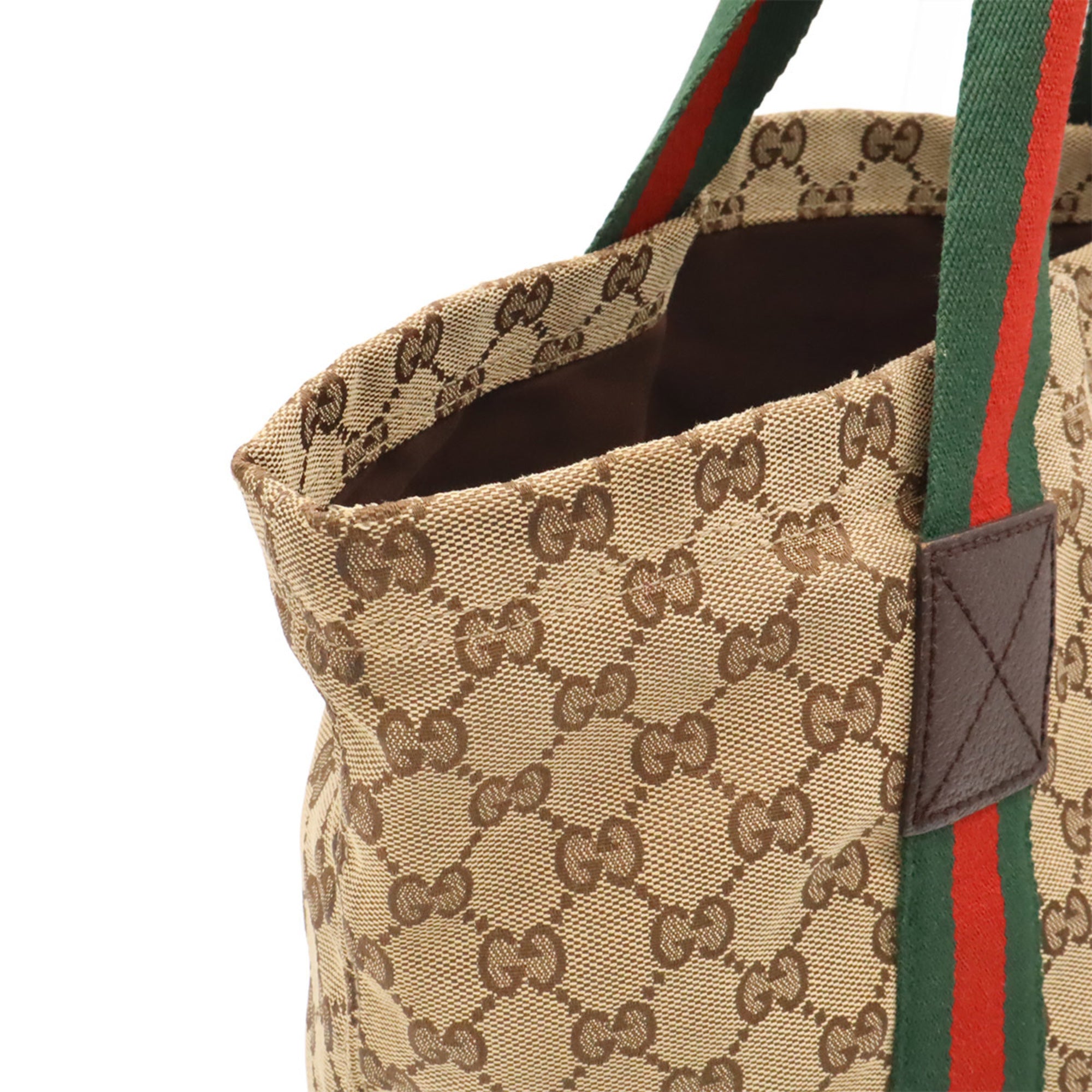 Gucci Beige Green Khaki Red Color Canvas Leather Shoulder Bag Tote Bag (Pre-Owned)