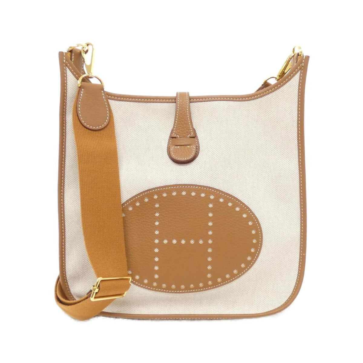 Hermes Beige Ecru Gold Toile H Taurillon Clemence Leather Shoulder Bag (Pre-Owned)