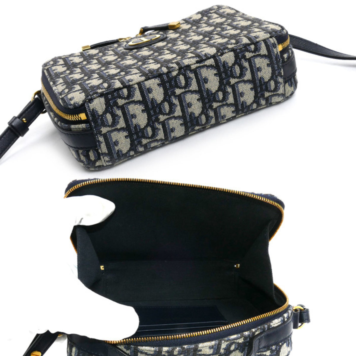 Christian Dior Beige Navy Canvas Leather Shoulder Bag (Pre-Owned)