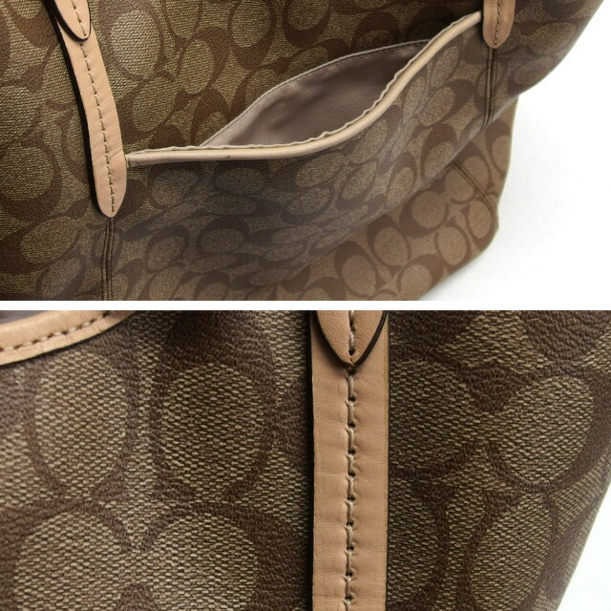 Coach Beige Brown Coated Canvas Leather Shoulder Bag Tote Bag (Pre-Owned)